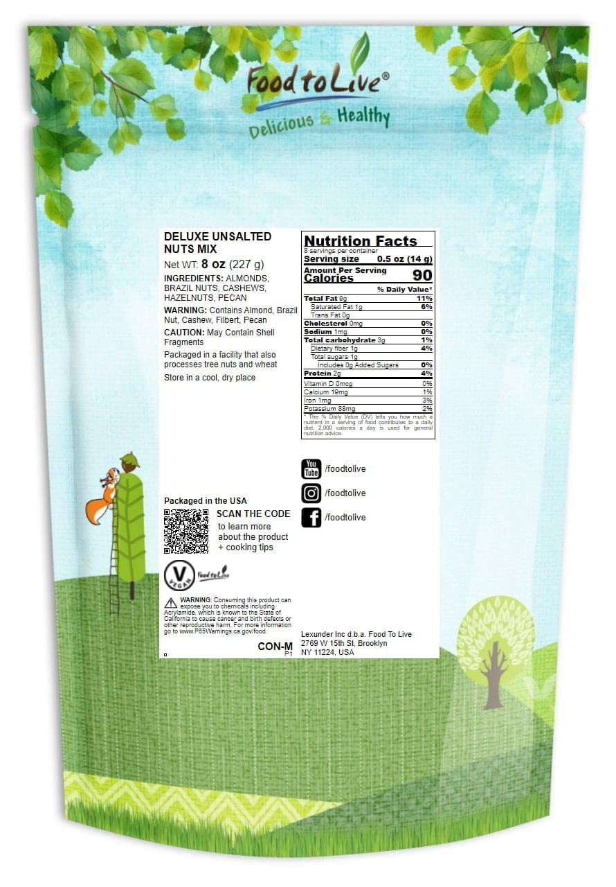 Food To Live Deluxe Unsalted Nuts Mix, 8 Ounces - A Blend Of Dry Roasted Pecans, Cashews, Hazelnuts, Almonds, Brazil Nuts. Oven