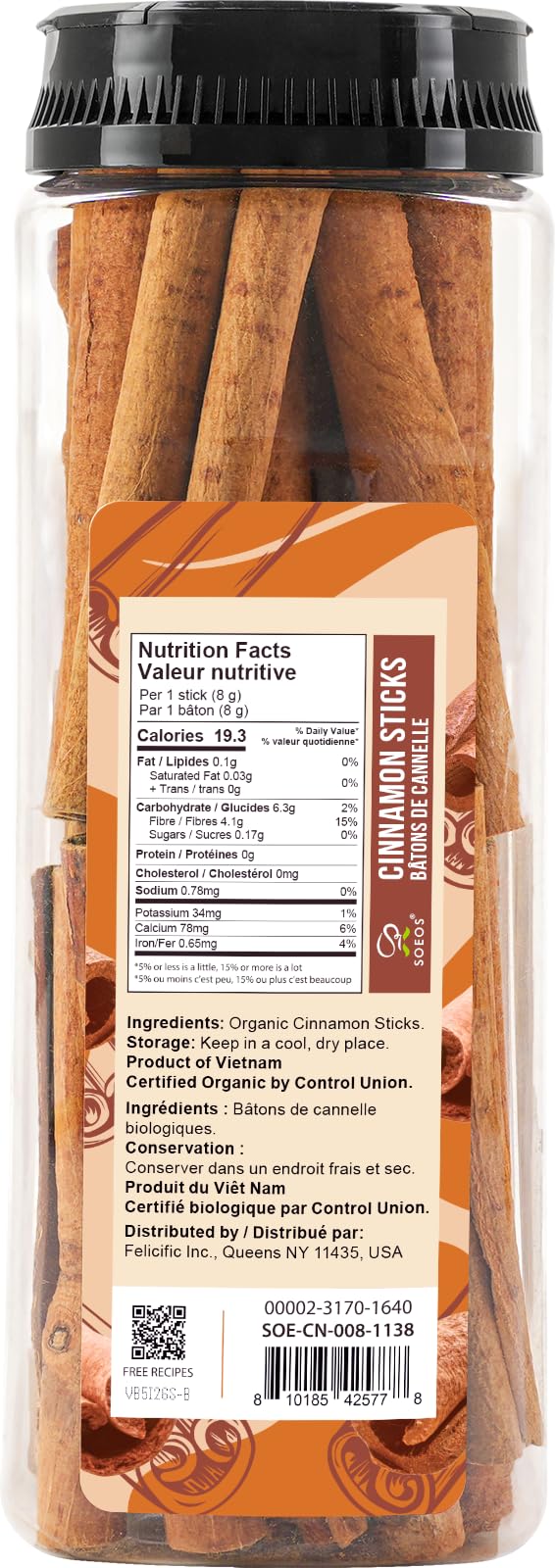 Soeos Cinnamon Sticks Organic  8 oz (226g) Bottle  USDA  Non-GMO and Kosher Certified  enhanced Whole Cinnamon for Baking  Cooking  Desserts  and Beverages  Rich Aroma & Warm Flavor  Ideal for Tea  Coffee  and Holiday Recipes