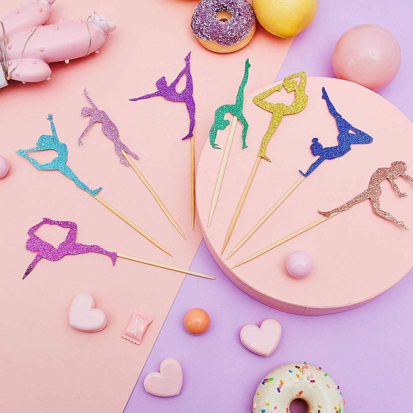 48 Pieces Glitter Gymnastics Cupcake Toppers Gymnast Girl Cupcake Picks Toothpicks Colorful Gymnastics Silhouette Cake Decoratio