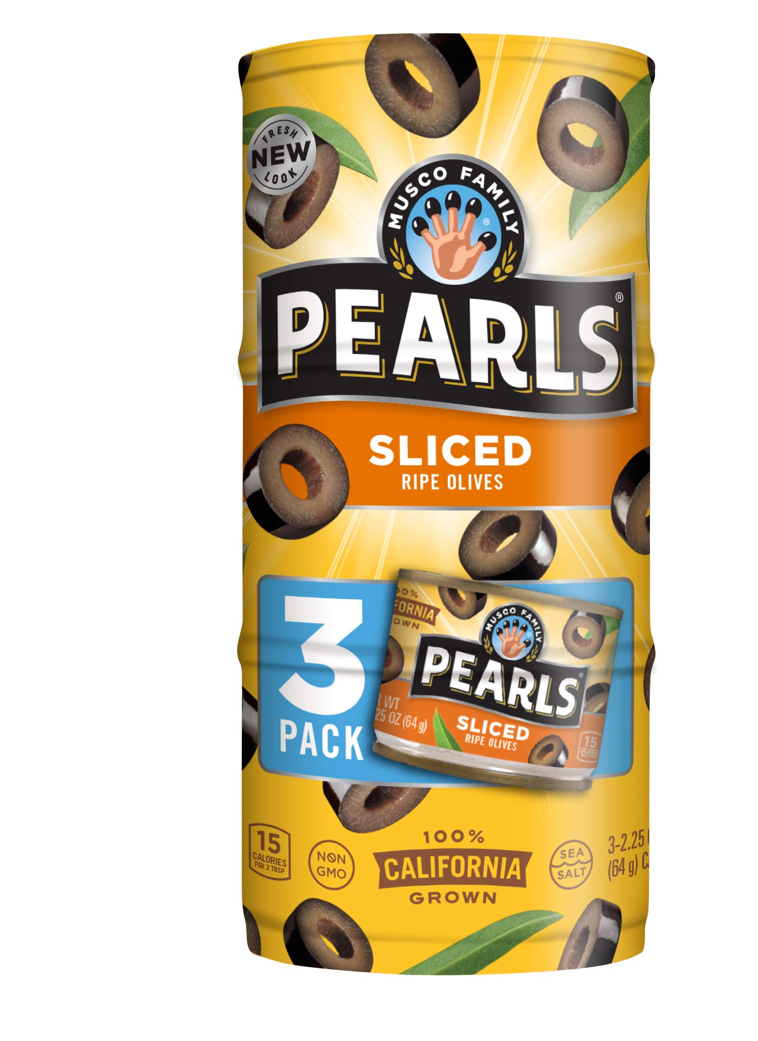 PEARLS Sliced Ripe Olives, 3 Pack Sleeve, 2.25 oz Cans, Model SUVELAM
