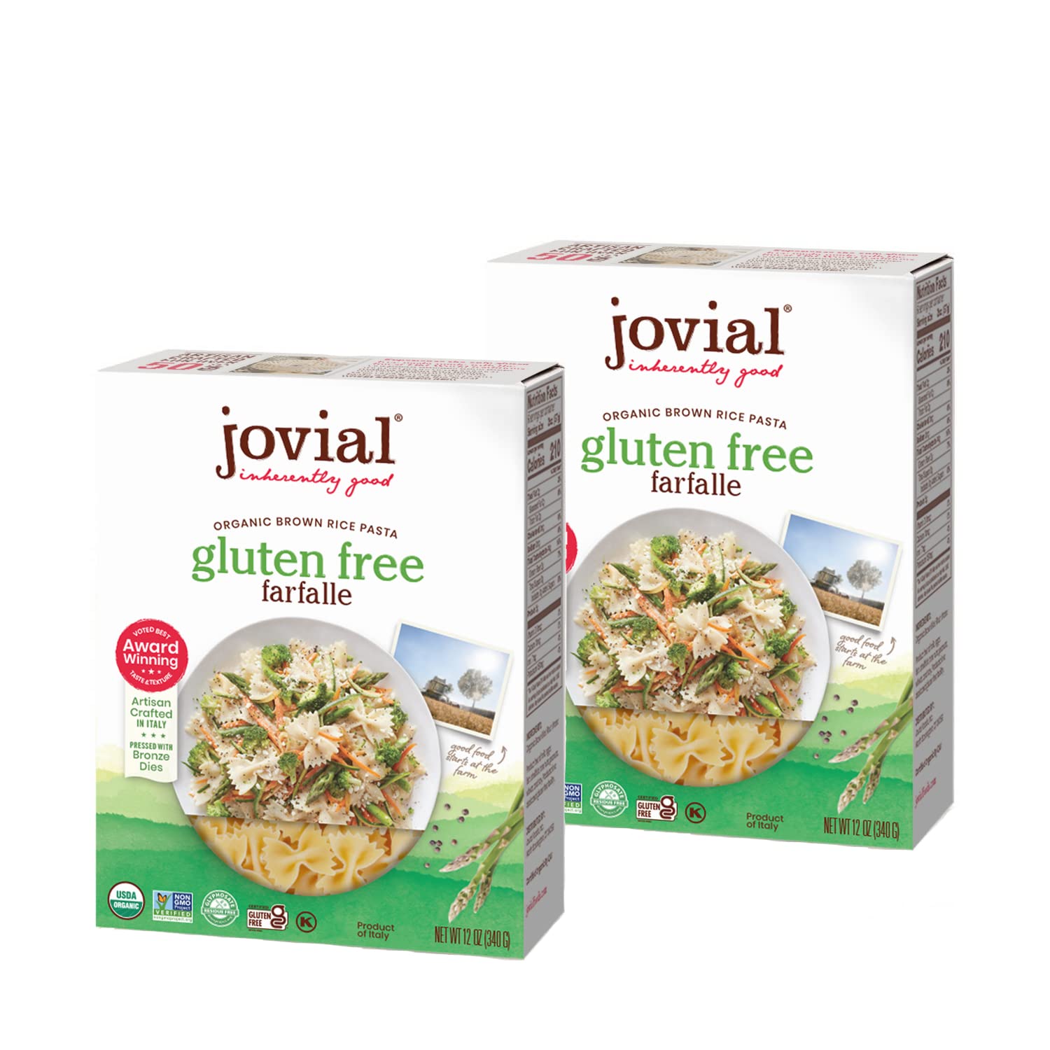 Jovial Whole Grain Brown Rice Farfalle Pasta, Gluten Free, Dairy Free, 12 Oz, 2 Pack