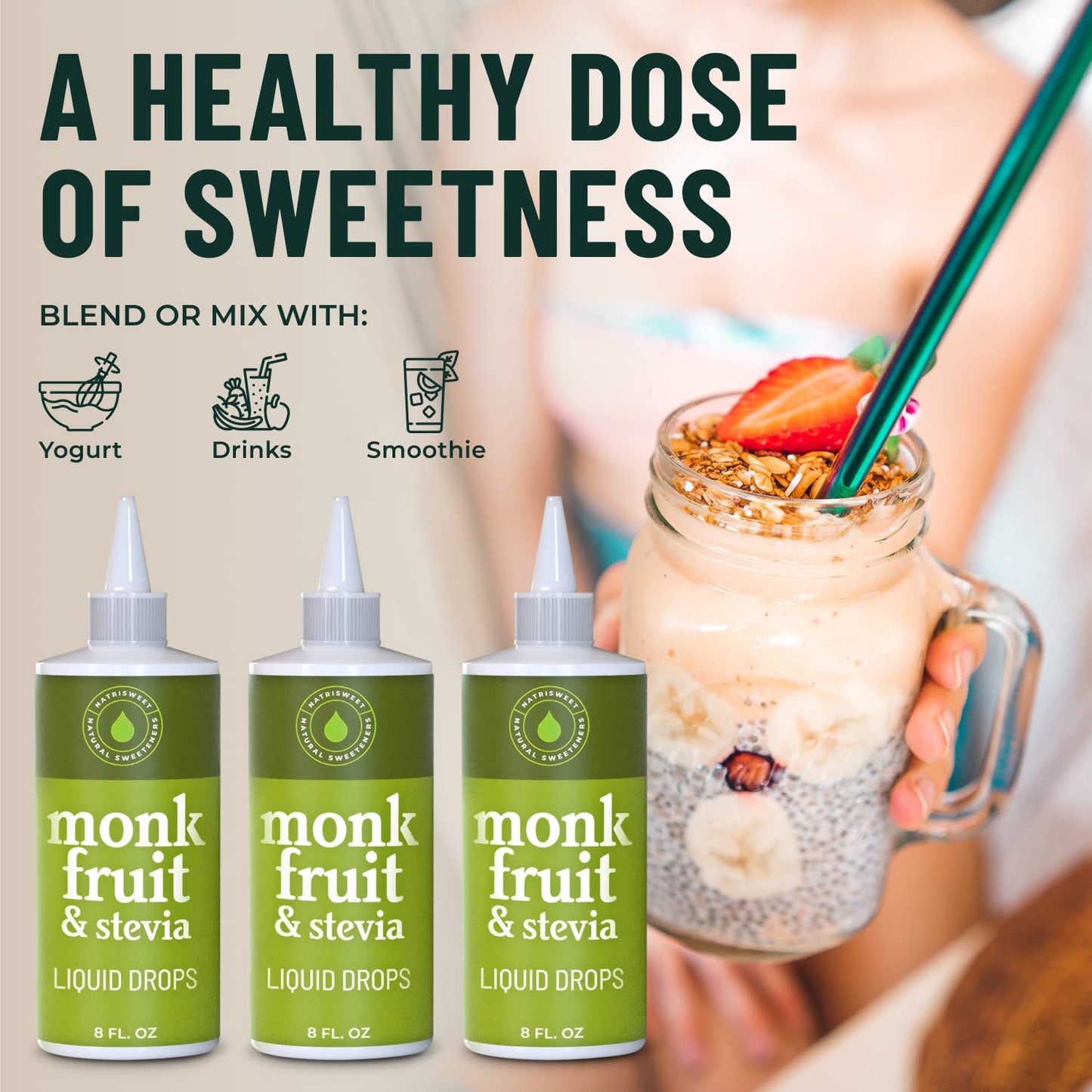 NatriSweet Monk Fruit & Stevia Liquid Drops, Zero-Calorie Sweetener, 8 fl oz, Keto-Friendly