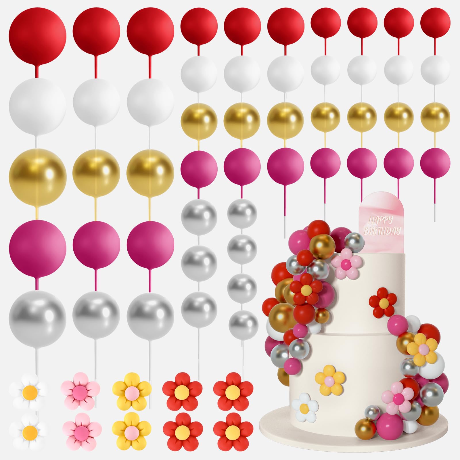 Bouiexye 61 Pcs Boho Cake Topper Balls Decorations Mini Balloon Retro Hippie Daisy Flower Acrylic Cake Topper for Birthday Party