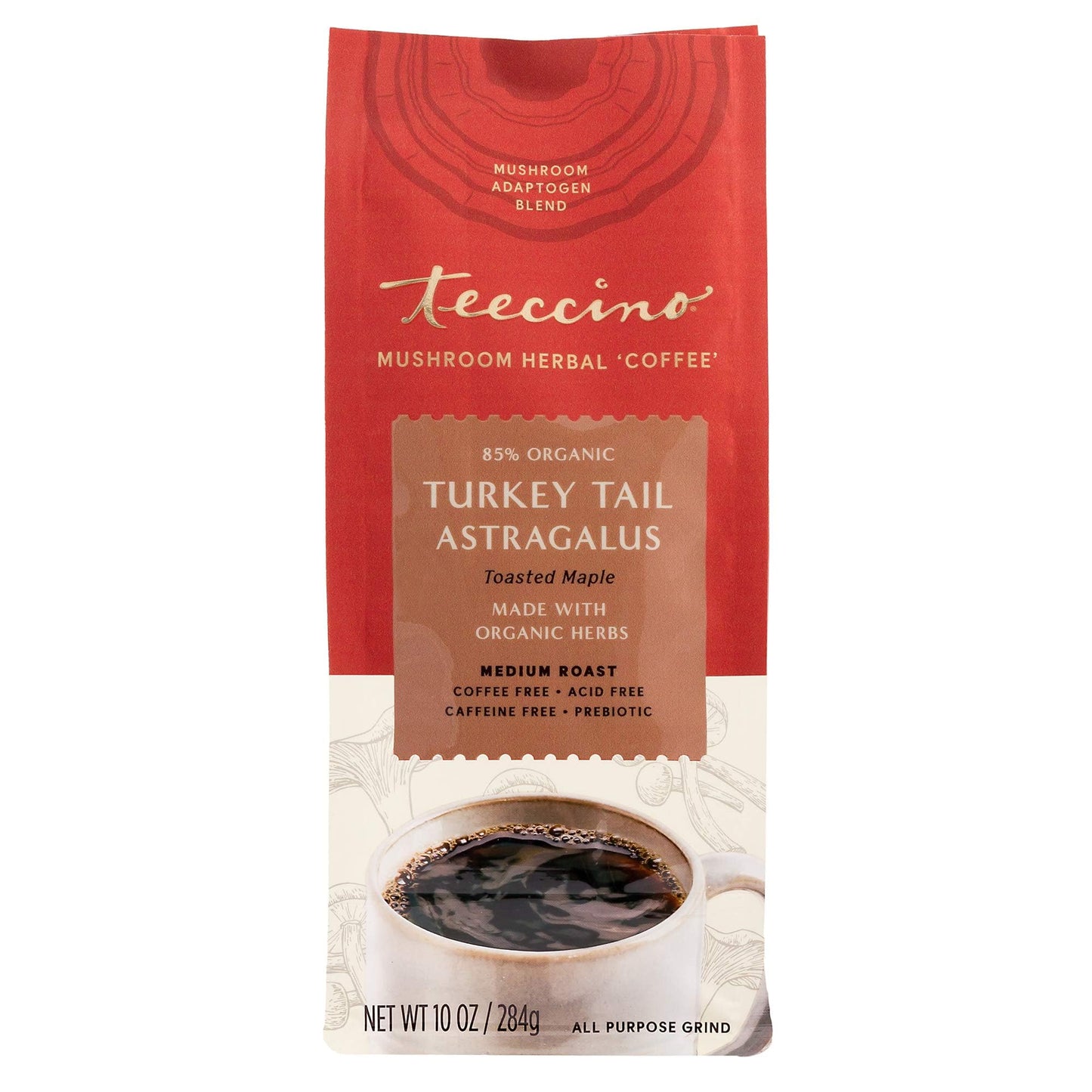 Teeccino Herbal Mushroom Coffee Alternative, Toasted Maple, Caffeine Free, 10 Oz, Pack of 3