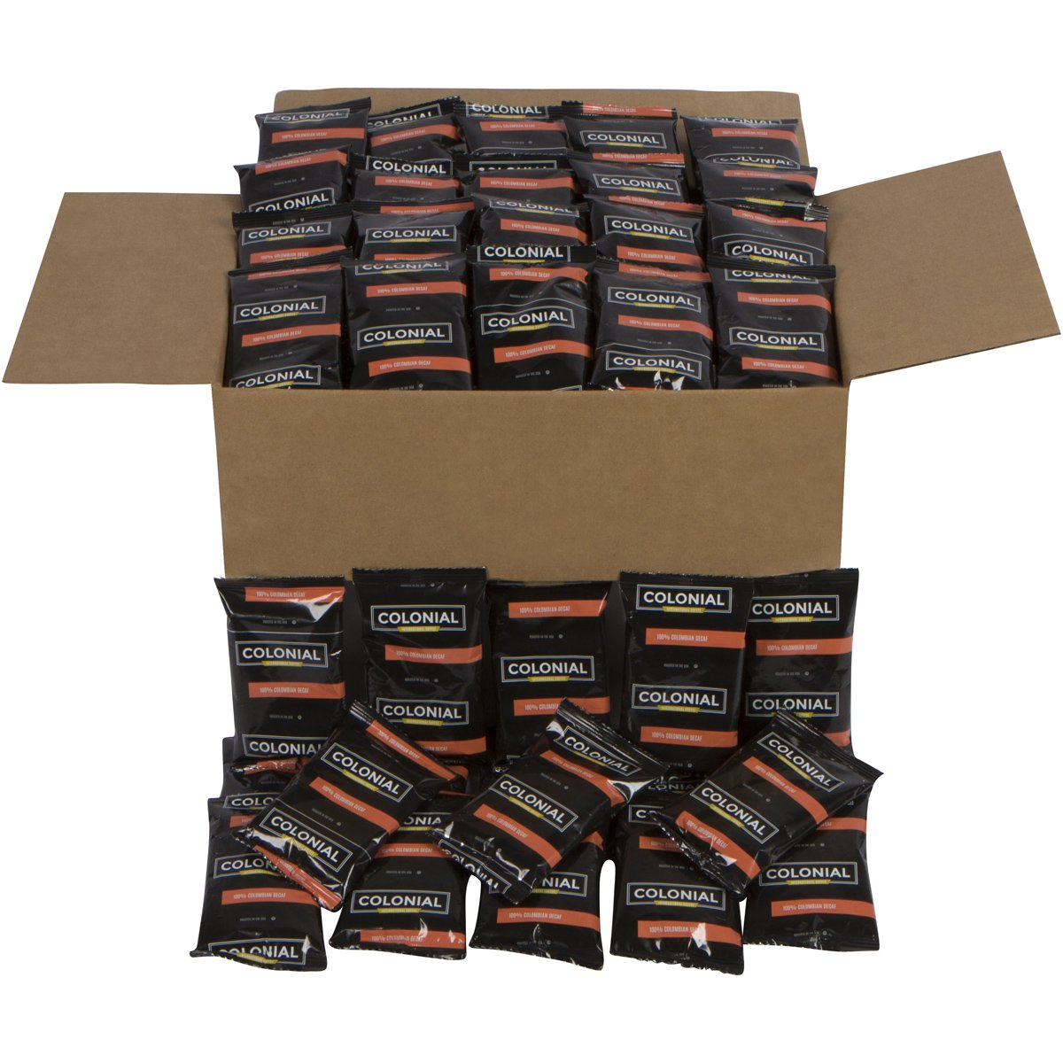 Colonial Coffee 100 Count Single Pot Coffee Packets - 100% Arabica Decaf Colombian Medium Roast | Pre-Measured Frac Packs for 12 Cup Maker | Bulk Ground Gourmet Coffee for Home & Office
