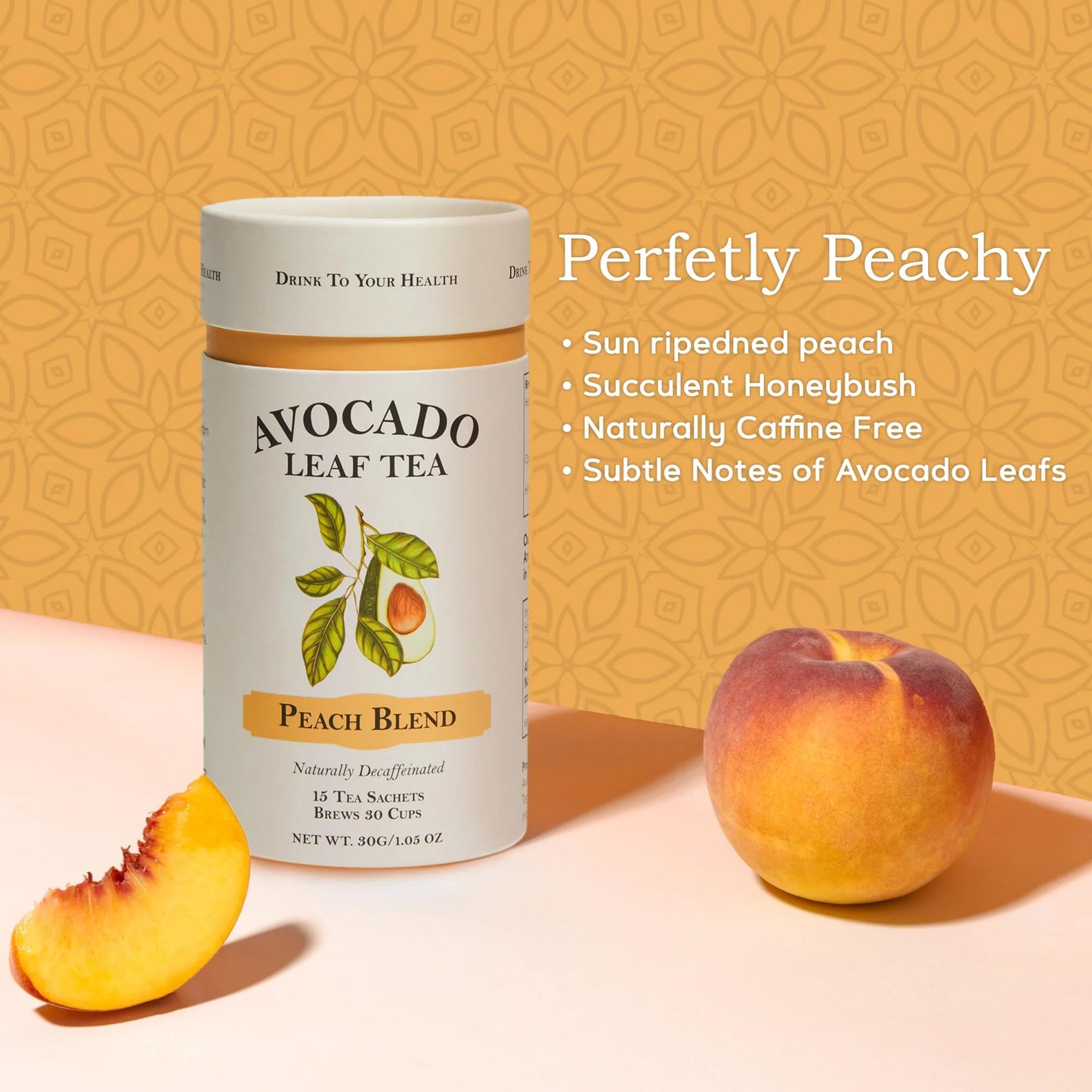 Avocado Leaf Tea Peach Tea, Herbal, Caffeine-Free, 15 Tea Bags, 30 Servings, Gluten Free, Non-GMO