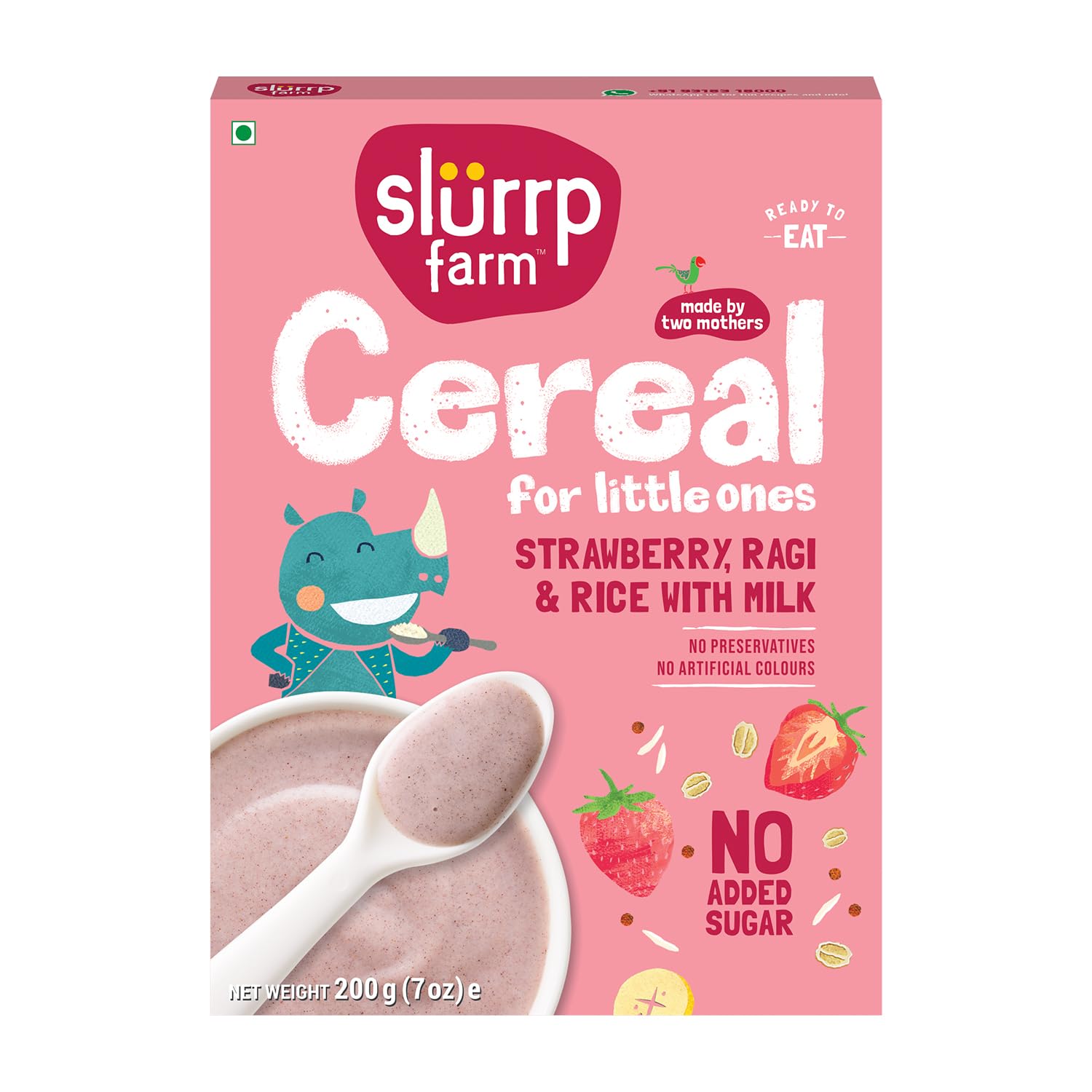 Slurrp Farm Cereal, Ragi, Rice and Strawberry with Milk, Instant Healthy Food, NO Added Sugar, Mildly Sweetened with Date Powder