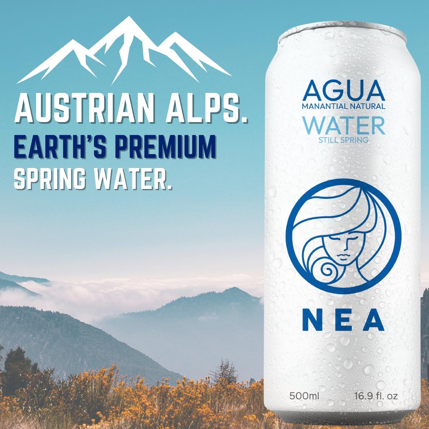 NEA Canned Water - Austrian Alps Spring Mineral Water in Aluminum Cans - Plastic Free BPA Free 16.9oz (1 Case - Pack of 12)