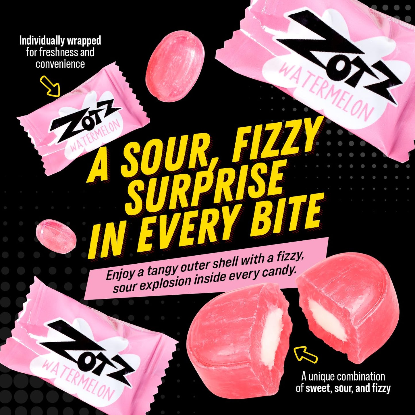 Zotz Fizzy Old Fashioned Hard Candy Assorted Fruit Flavored, Cherry, Apple, Watermelon Individually Wrapped. Filled With A Fizzy