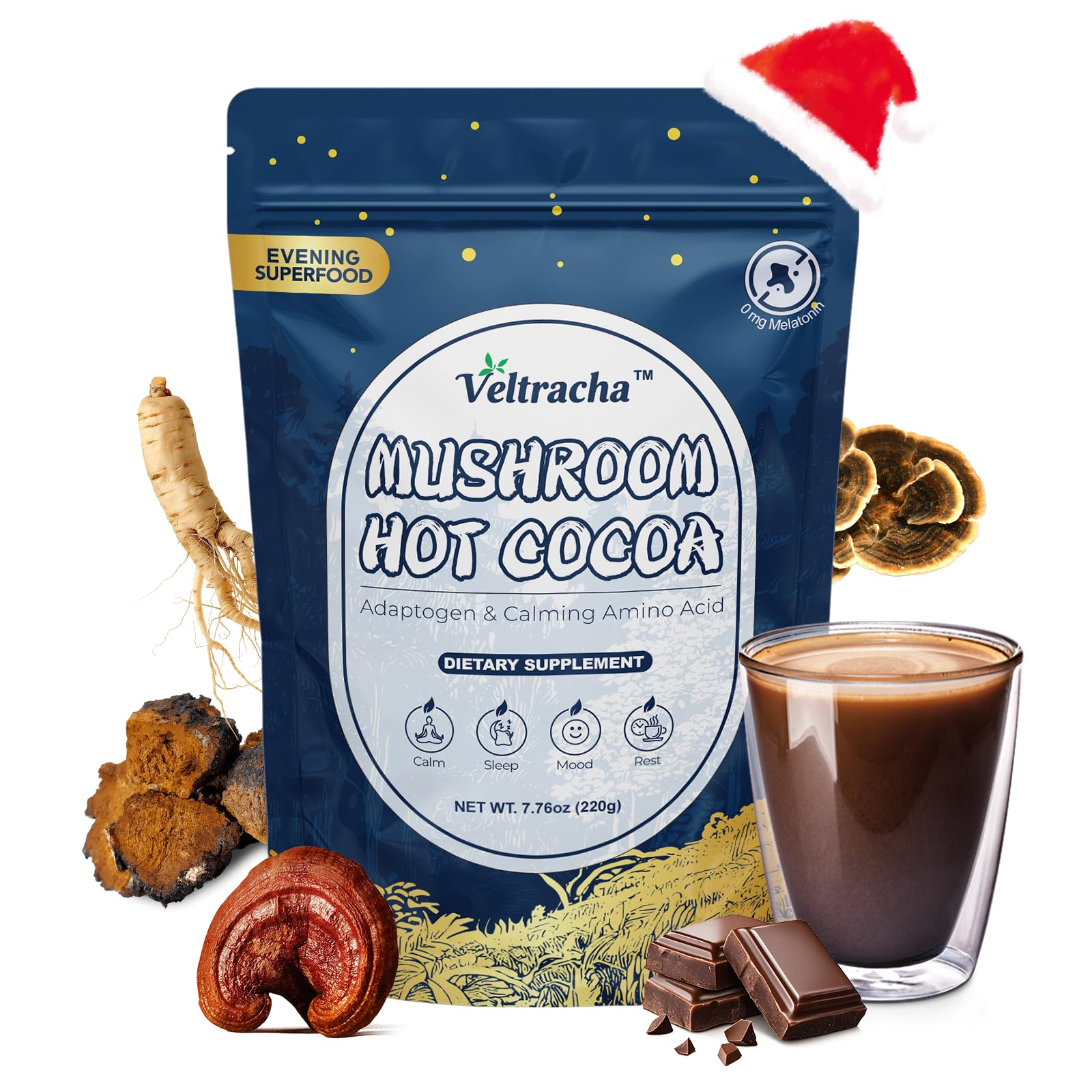 Veltracha Magnesium Hot Cocoa  Mushroom Hot Chocolate Powder With Reishi  Gaba & L-Theanine  Natural Sleep Aid Drink Mix For Melatonin-Free  20 Servings