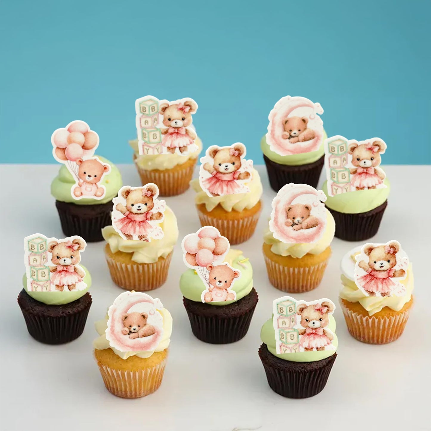 Gyufise 48Pcs Edible Baby Shower Bear Cupcake Toppers Wafer Paper Moon Baby Bear Baby Shower Cake Topper Decorations Jungle Anim