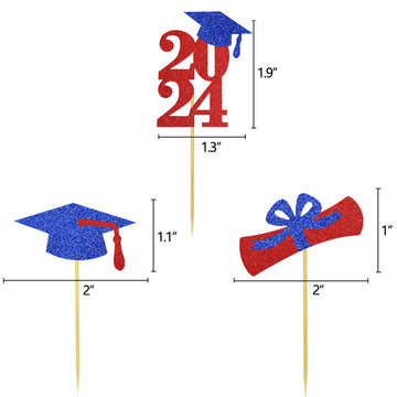 Graduation Cupcake Toppers Grad Party Decoration Food Picks Congrats Glitter Diploma Cap School Colors Supplies 24 Pcs Red Blue