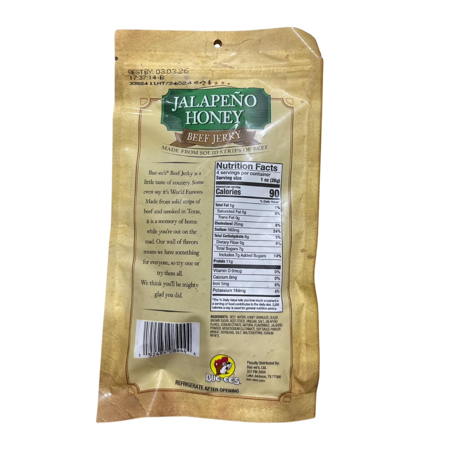 Buc-ees Smoked Jalapeño Honey Beef Jerky - 100% Lean, 10g Protein, 4 Ounce