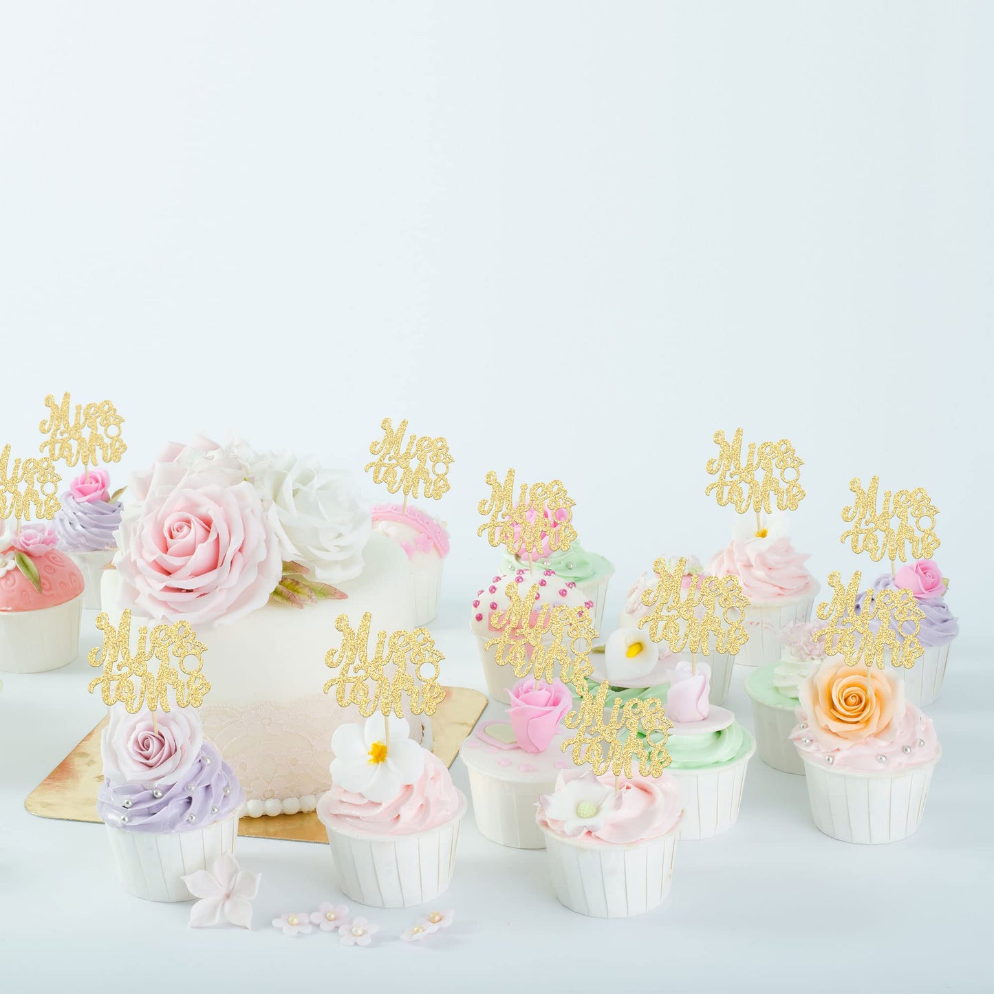 24Pcs Gold Glitter Miss To Mrs Cupcake Toppers Wedding Bridal Shower Cupcake Pick Decorations For Bridal Shower Wedding Engagement Bachelorette Party Supplies