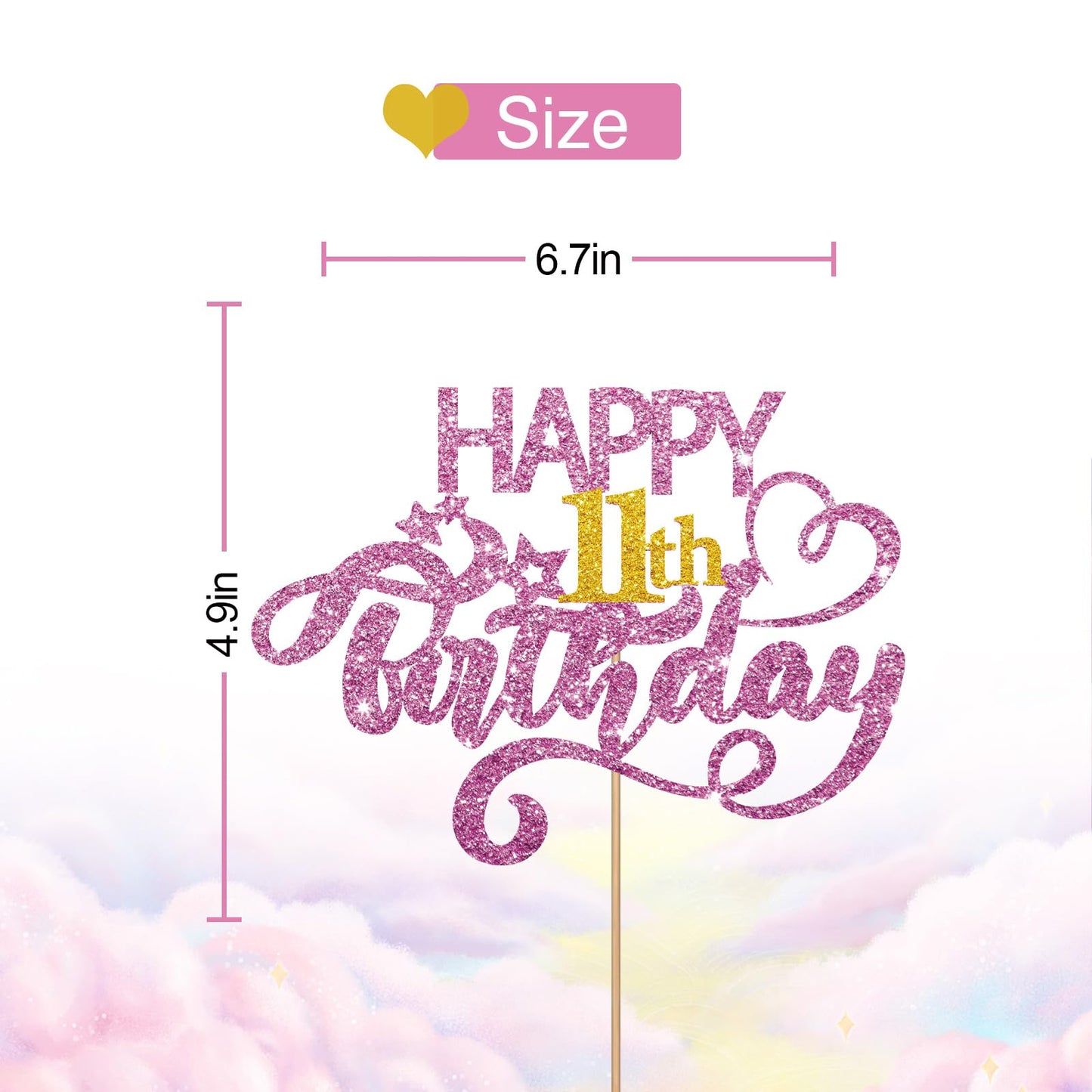 Pink Glitter Happy 11Th Birthday Cake Topper, Eleven Years Old Birthday Party Cake Decor, Gold Number 11 Birthday Party Supplies