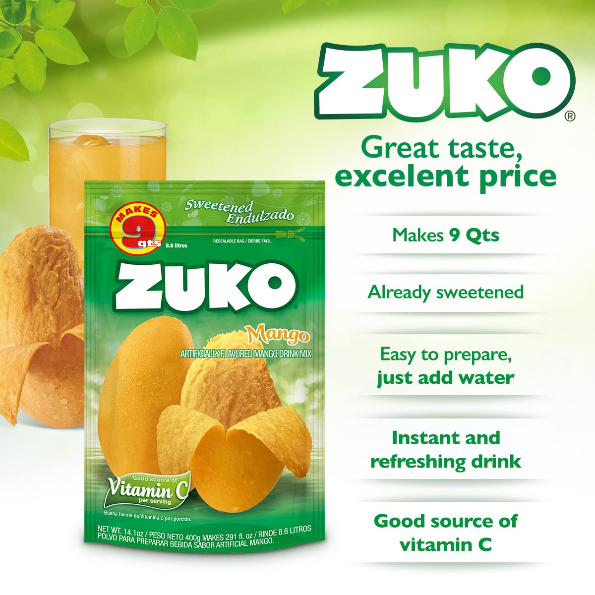 Zuko Mango Instant Powder Drink | Family Pack | No Sugar Needed | Vitamin C | 14.1 Ounce (Pack of 2)