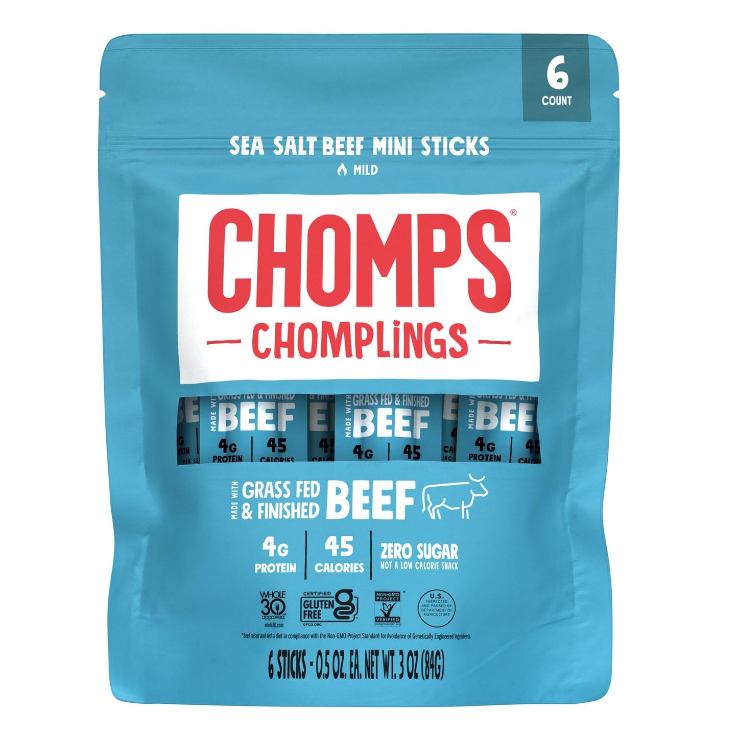 Chomps Mini Grass-Fed and Finished Sea Salt Beef Jerky Snack Sticks 6-Pack - Keto  Paleo  Whole30  4g Lean Meat Protein  Gluten-Free  Zero Sugar Food  Non-GMO
