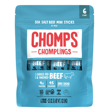 Chomps Mini Grass-Fed and Finished Sea Salt Beef Jerky Snack Sticks 6-Pack - Keto  Paleo  Whole30  4g Lean Meat Protein  Gluten-Free  Zero Sugar Food  Non-GMO