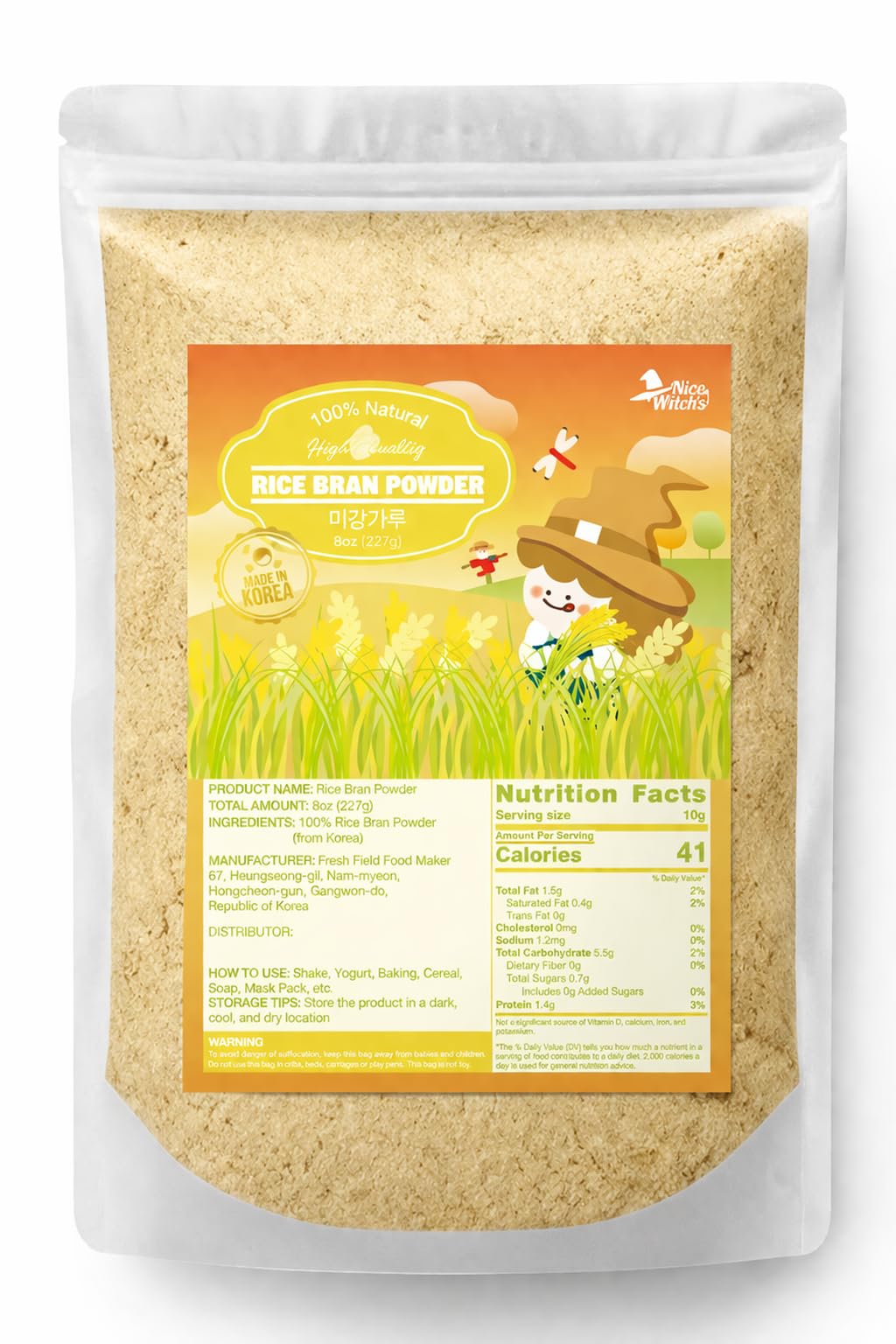 Nice Witchs Rice Bran Powder 8 oz (227g), 100% Pure Raw Rice Bran, Edible & Multi-Purpose, For Smoothies, Baking