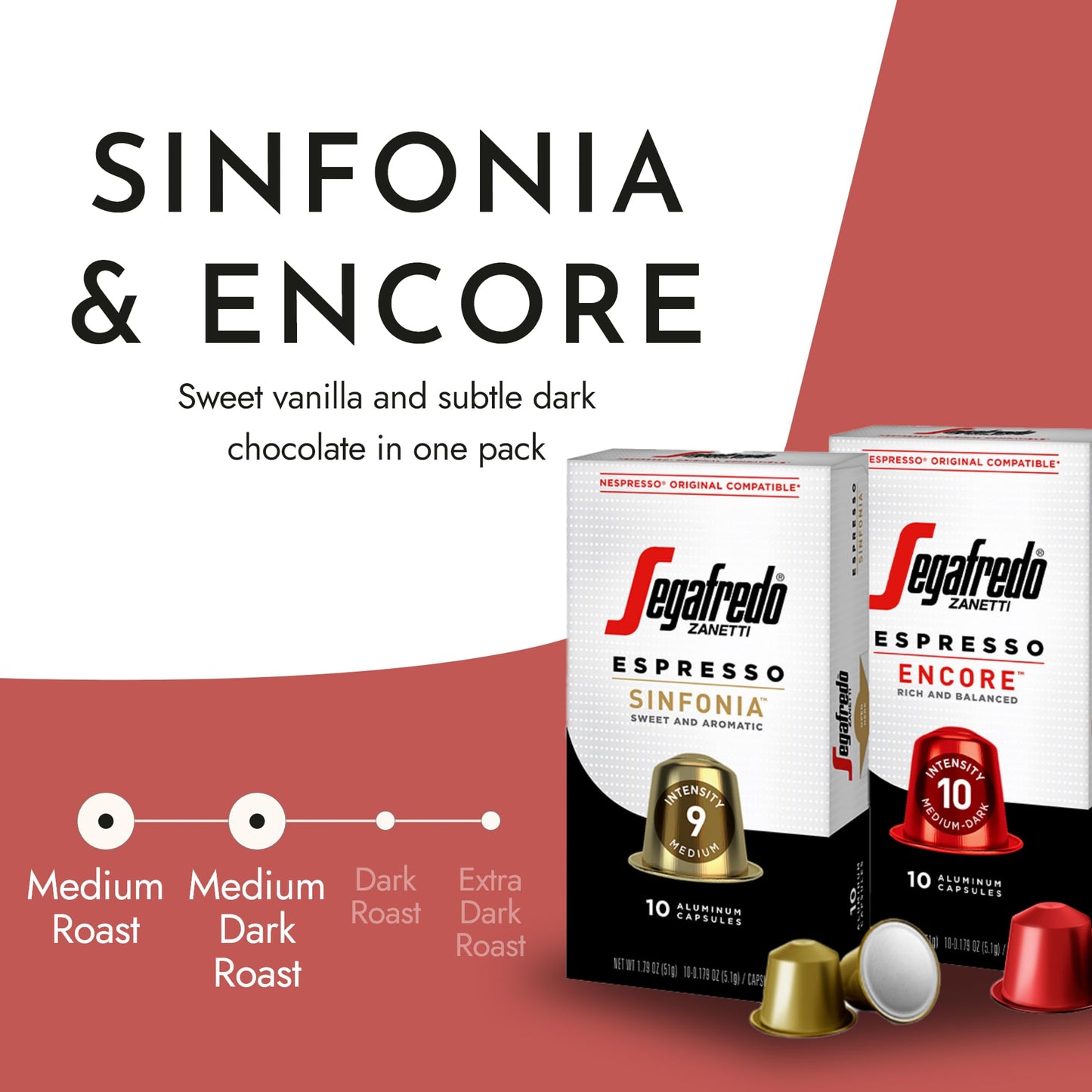 Segafredo Zanetti Espresso compact pieces - Aluminum Pods for Nespresso - Sinfonia & Encore, Medium & Medium-Dark Roast, 10 Count (Pack of 4)
