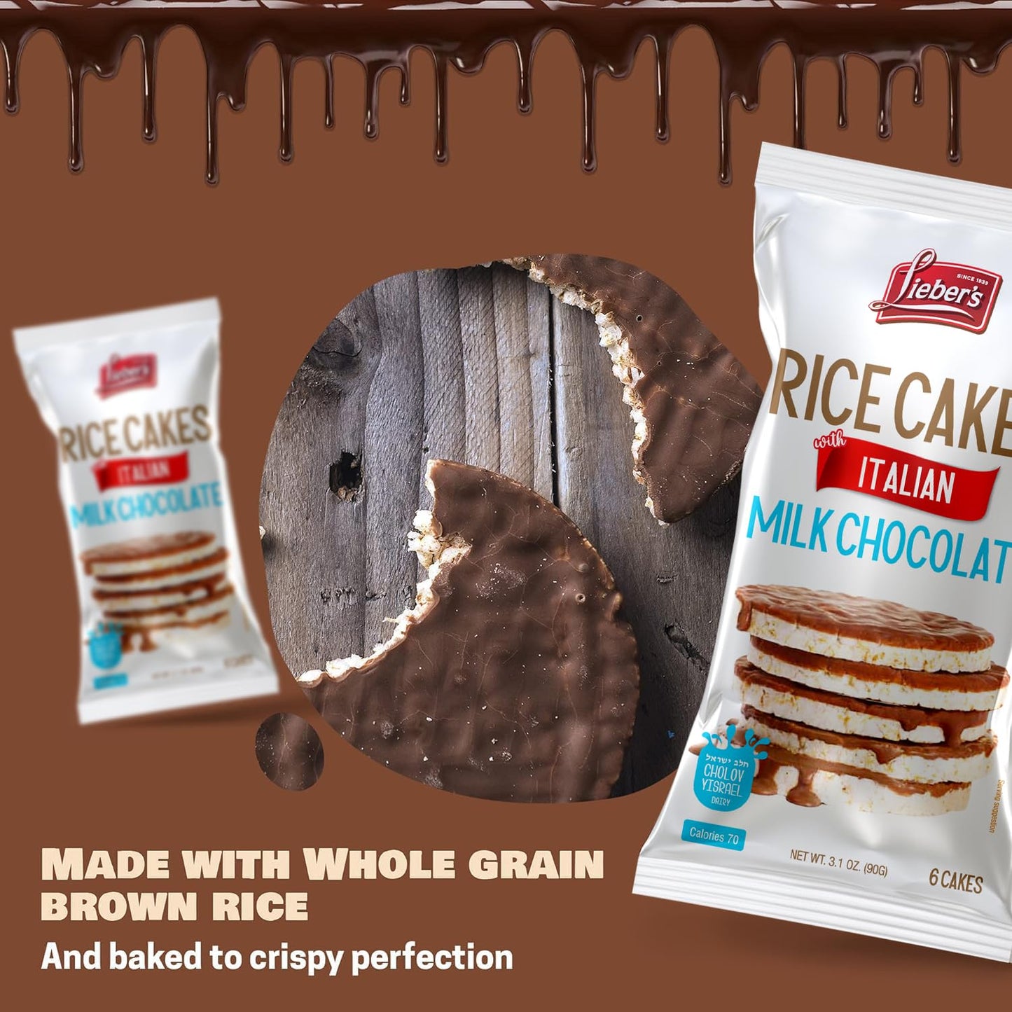LIEBERS Kosher Certified Dairy Italian Milk Chocolate Rice Cakes, Gluten Free Snack Italian Milk Chocolate (pack of 3)