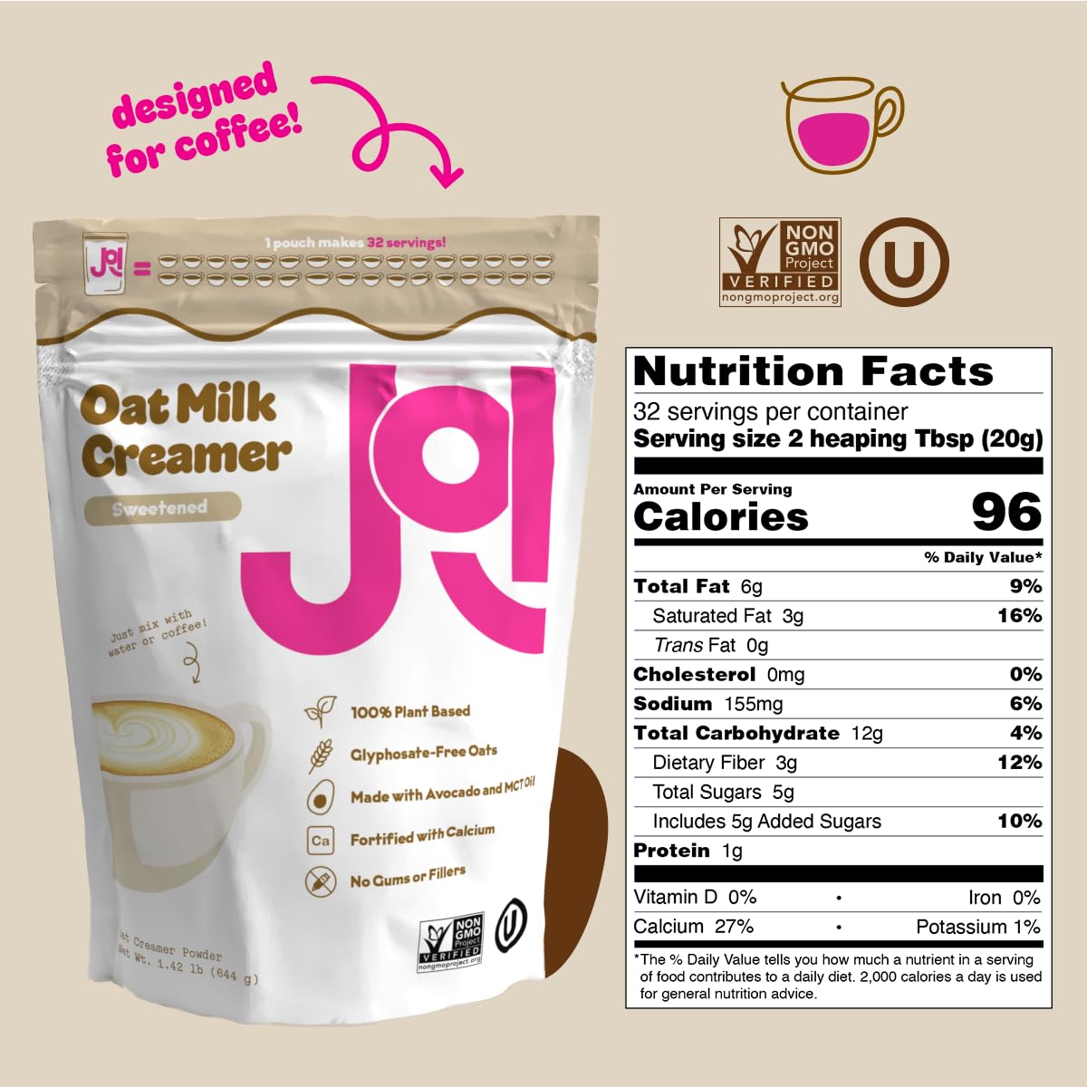 Instant Oat Milk Creamer Pouch By Joi - Makes 8 Quarts Or 32 Servings - Vegan, Kosher, Shelf-Stable, And Gluten-Free - Use For C