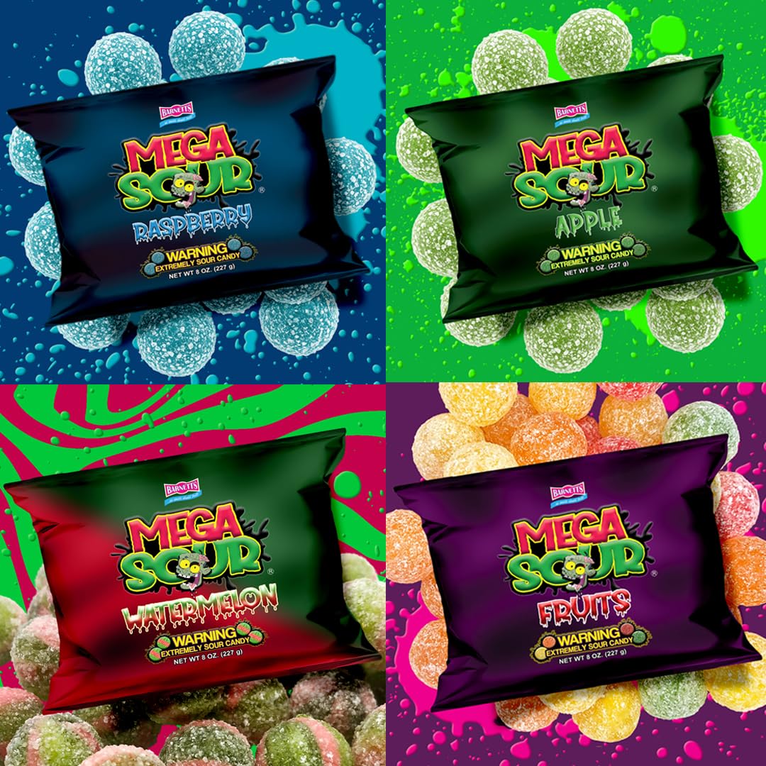 Barnetts Mega Sour Candy 4 Pack - Handmade British Sweets - Raspberry, Apple, Watermelon & Fruits - Gift or Party Treat (227 g x