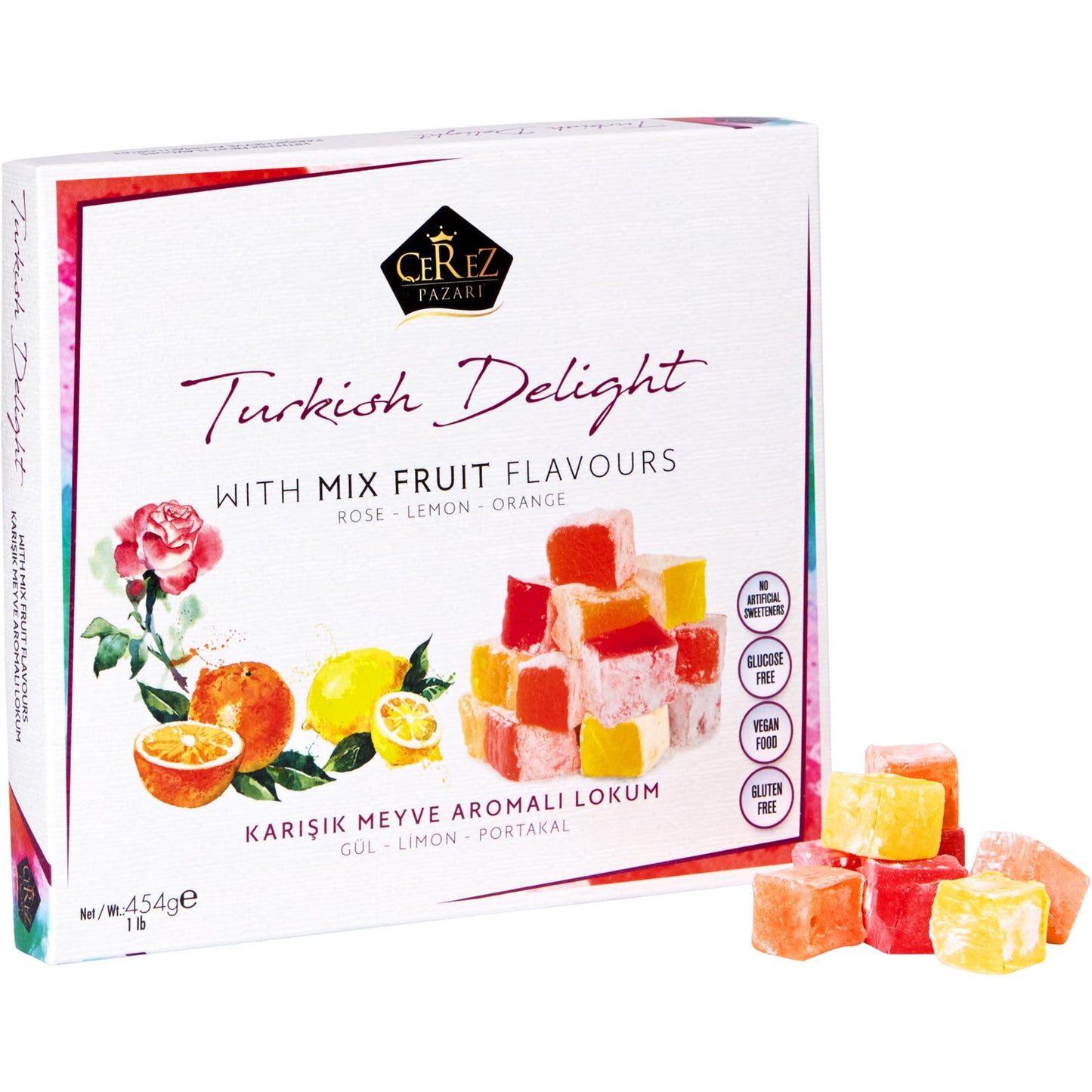 Cerez Pazari Turkish Delight With Rose, Orange And Lemon Mix Flavours 16 Oz Gourmet Medium Size Snacks Gift Box, No Nuts Sweet T