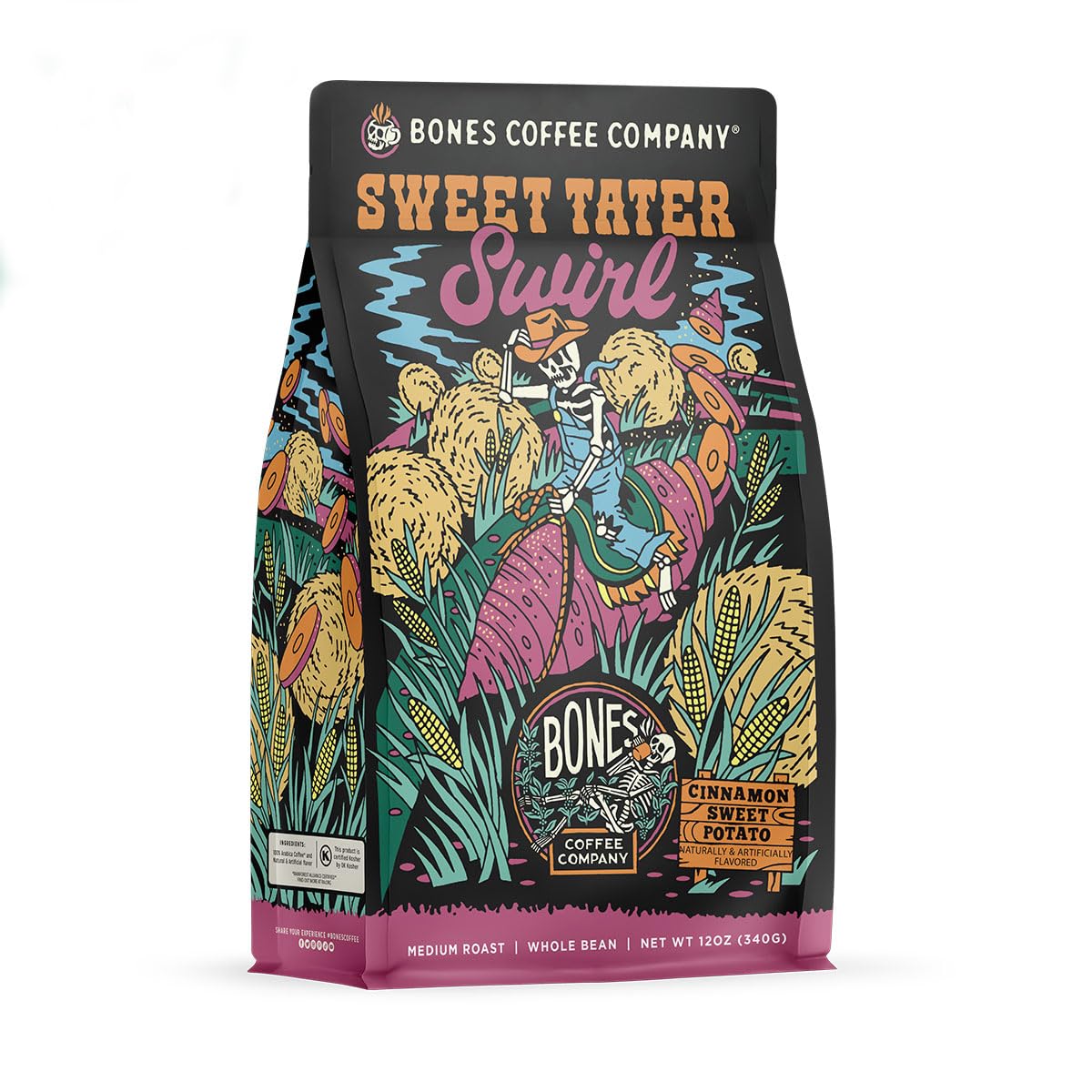 Bones Coffee Company Sweet Tater Swirl, Cinnamon Sweet Potato Flavored Coffee, Medium Roast Low Acid Arabica Beans Compatible wi