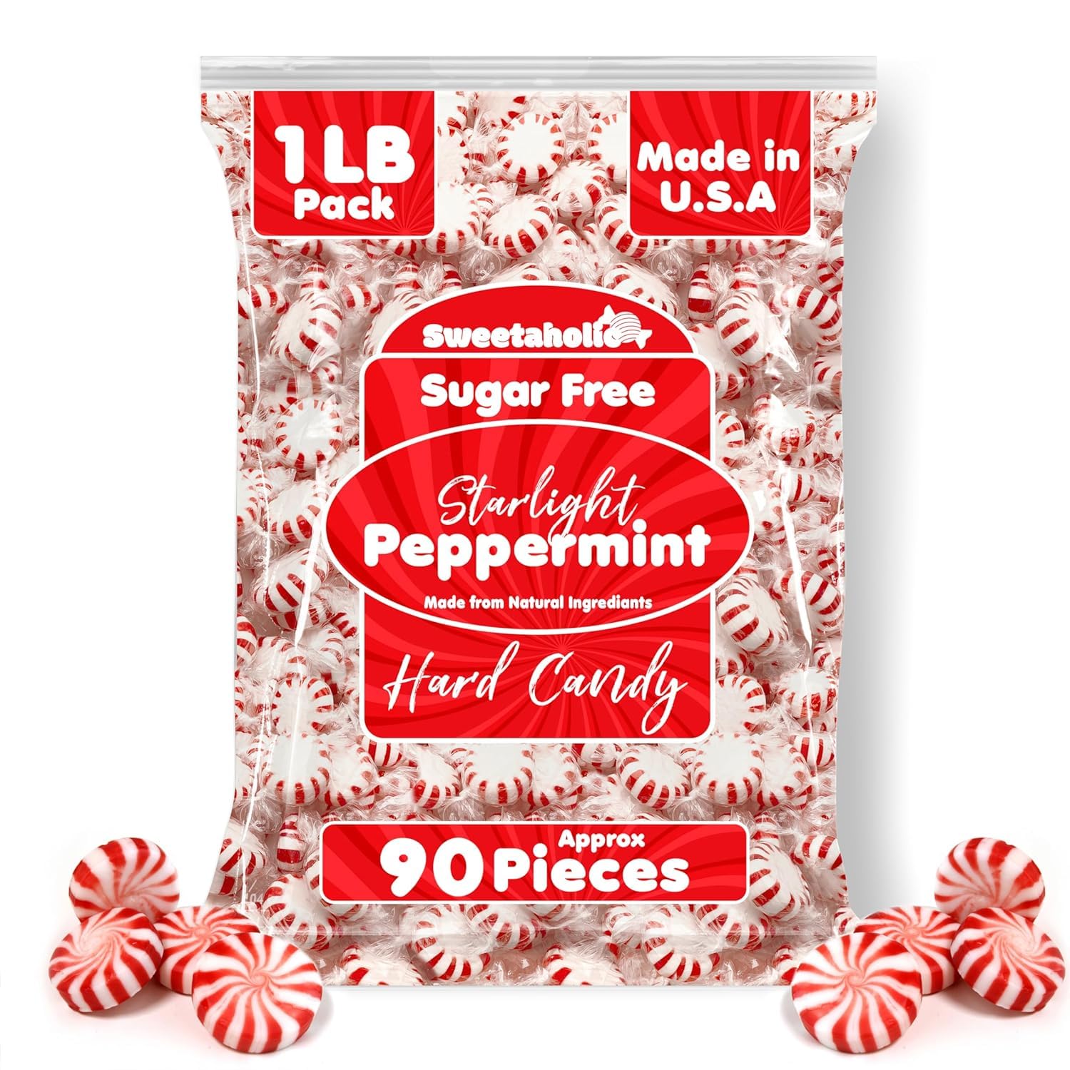 Sweetaholic Sugar Free Starlight Peppermint Candy | 1 Pound (90 Pcs Approx) | MADE IN USA | Individually Wrapped | Bulk Hard Can