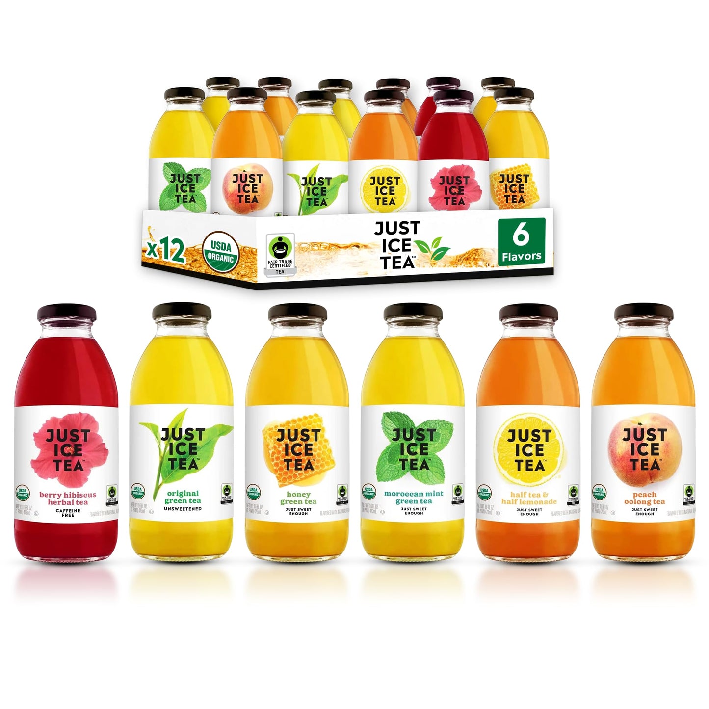 Just Ice Tea Organic Iced Tea Variety Pack, 16 Fl Oz Glass Bottles, 6 Flavors, Pack of 12