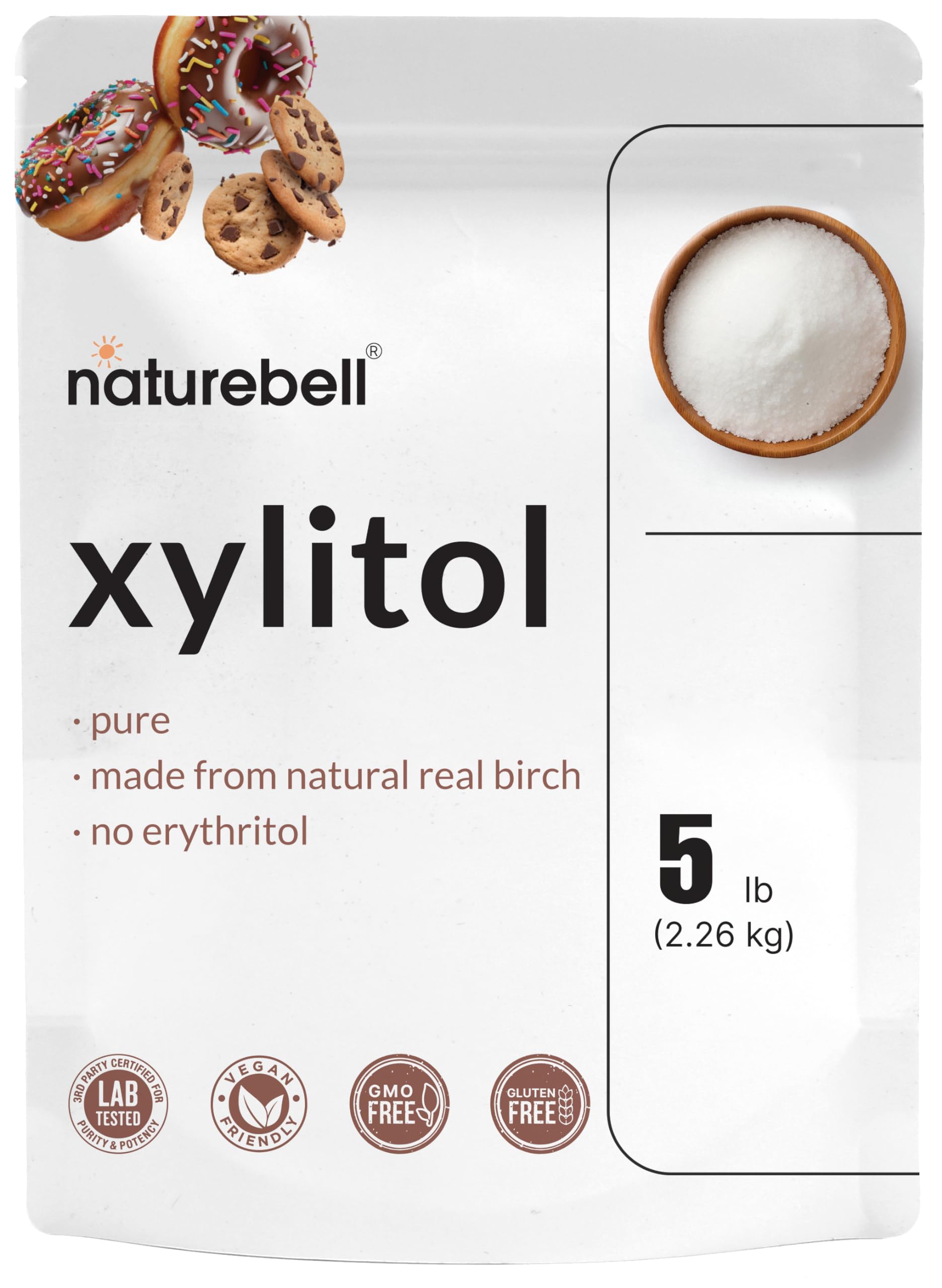 NatureBell Xylitol Sweetener  5lbs | Natural Birch Crystal Source - 1:1 Sugar Substitute - Sweet Flavor with No Erythritol - Low Calorie & Glycemic Impact - Sugar Free  No Aftertaste  Non-GMO