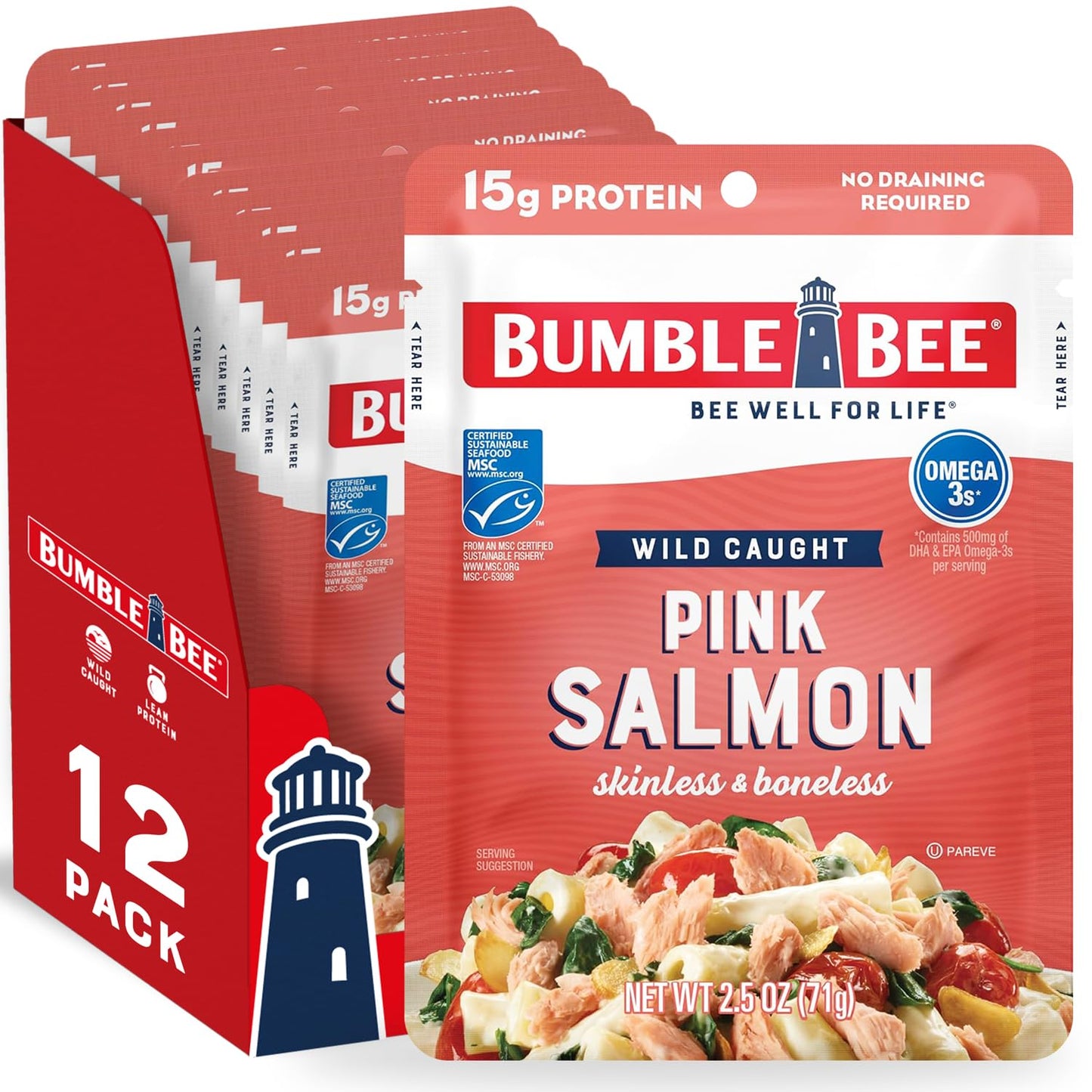 Bumble Bee Skinless & Boneless Pink Salmon, 2.5 oz Pouch, Pack of 12, High in Omega-3s, Gluten Free, MSC Certified
