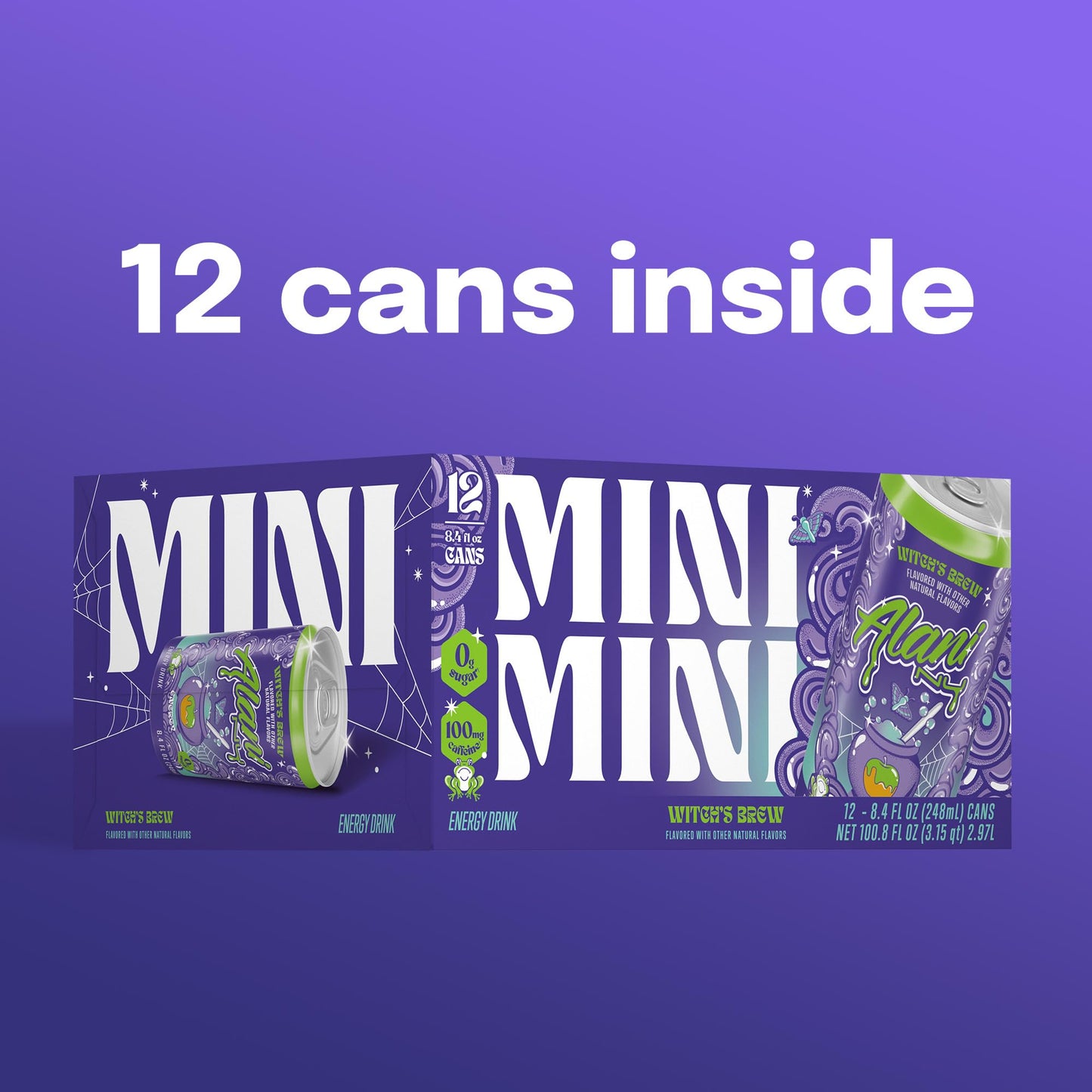 Alani Nu WITCHES BREW  Low Calorie Energy Drinks  100mg Caffeine  Biotin  B Vitamins  Zero Sugar  10 Calories or Less  8 Fl Oz Cans  12 Pack