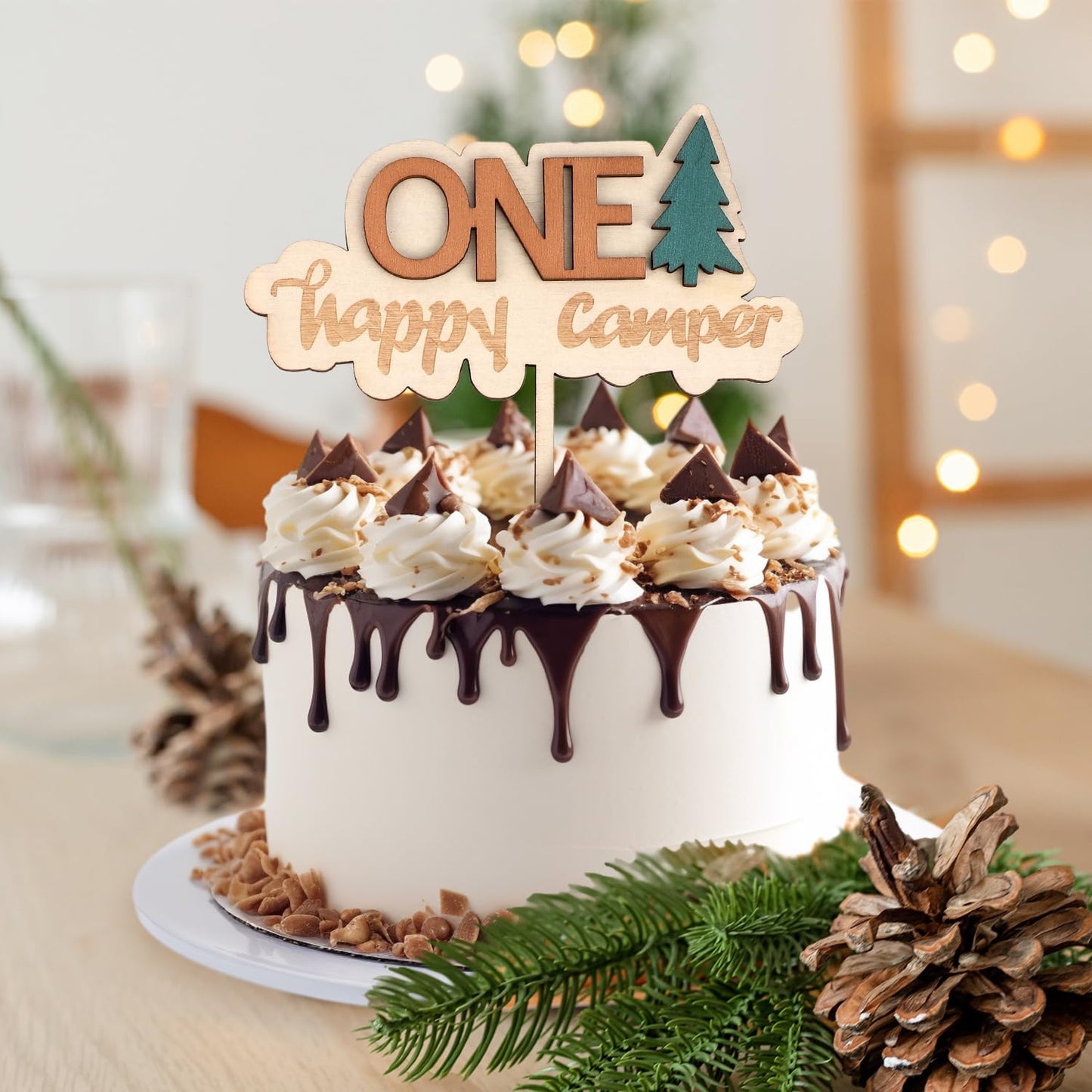 First Birthday Cake Topper, Wooden One Cupcake Topper 1St Birthday Party Decoration Number Cake Photo Props Happy Camper Party Decor For Baby Shower Anniversary