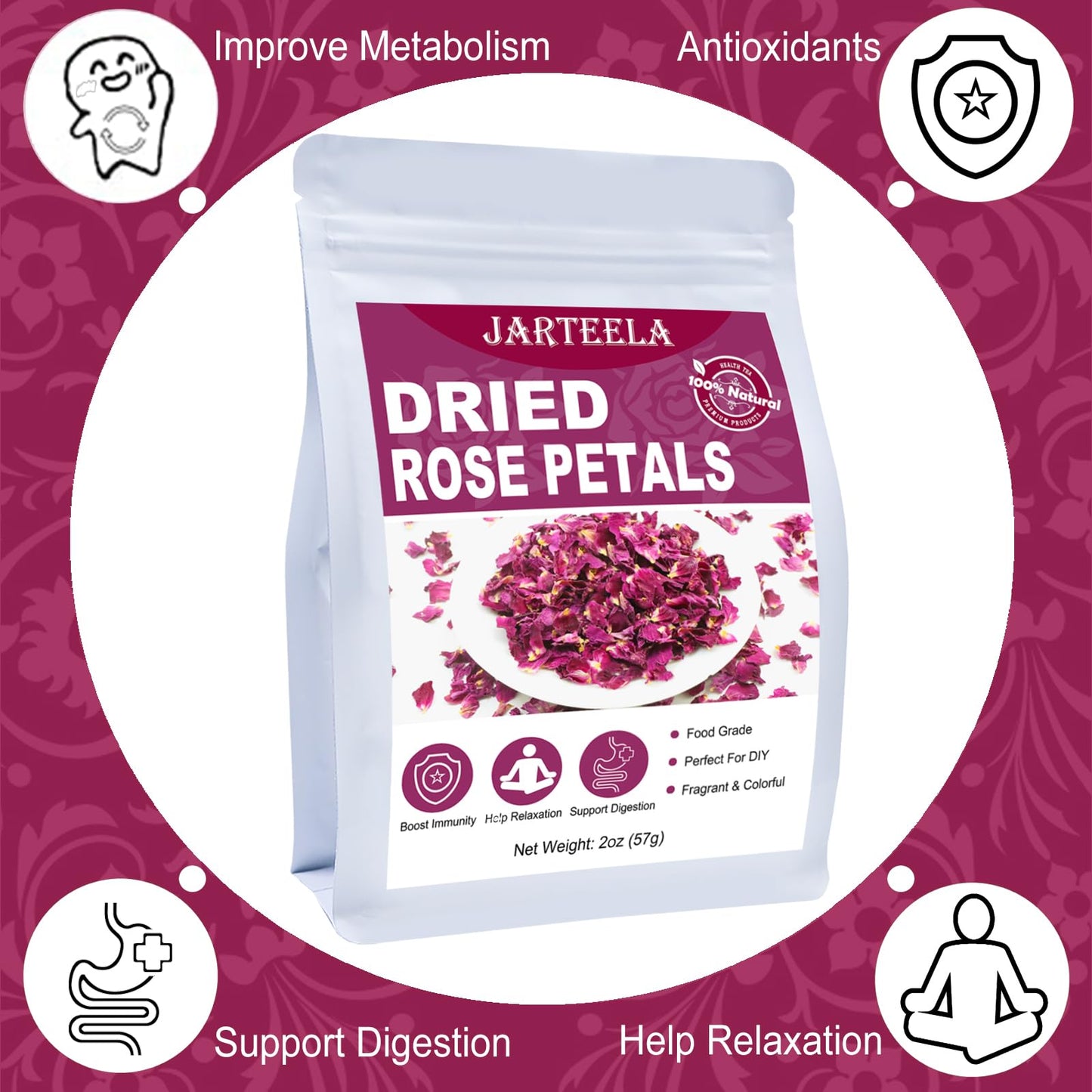 Jarteela Dried Rose Petals - Natural Edible Flower Petals, 2oz, Red, Non-GMO for Tea, Soap & Baking