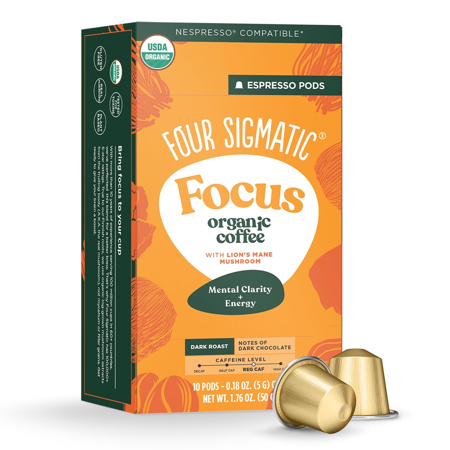 Four Sigmatic Focus Coffee Pods Compatible with Nespresso Original | Organic Dark Roast Espresso with Added Focus | Mushroom Coffee Enhanced with Lions Mane | Original Dark Roast 10ct