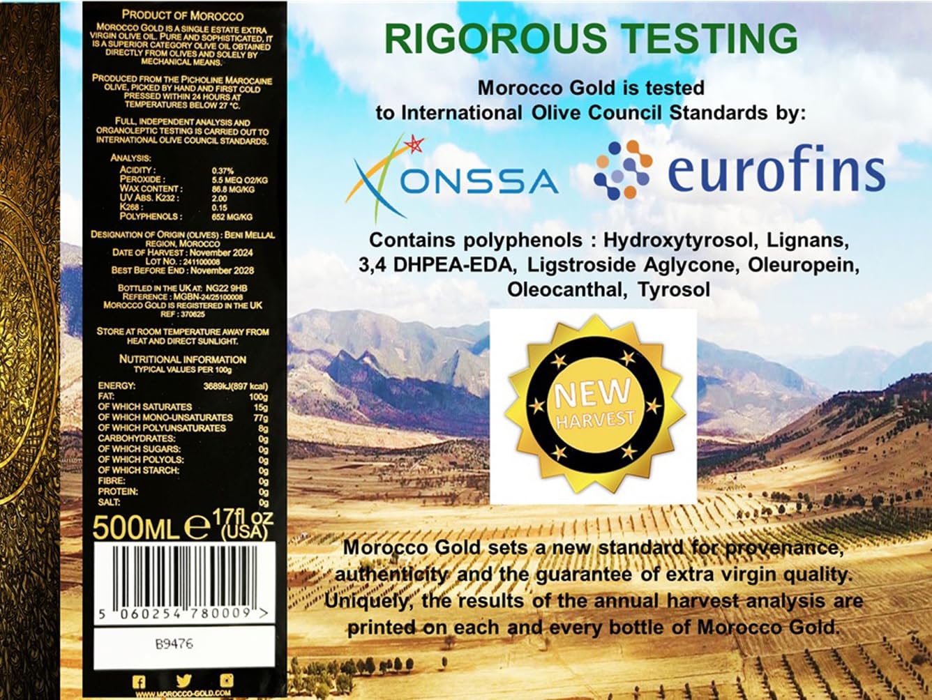 Morocco Gold Extra Virgin Olive Oil - Early Harvest, Cold Pressed, Polyphenol Rich, 500ml (17 Fl Oz) Pure & Natural