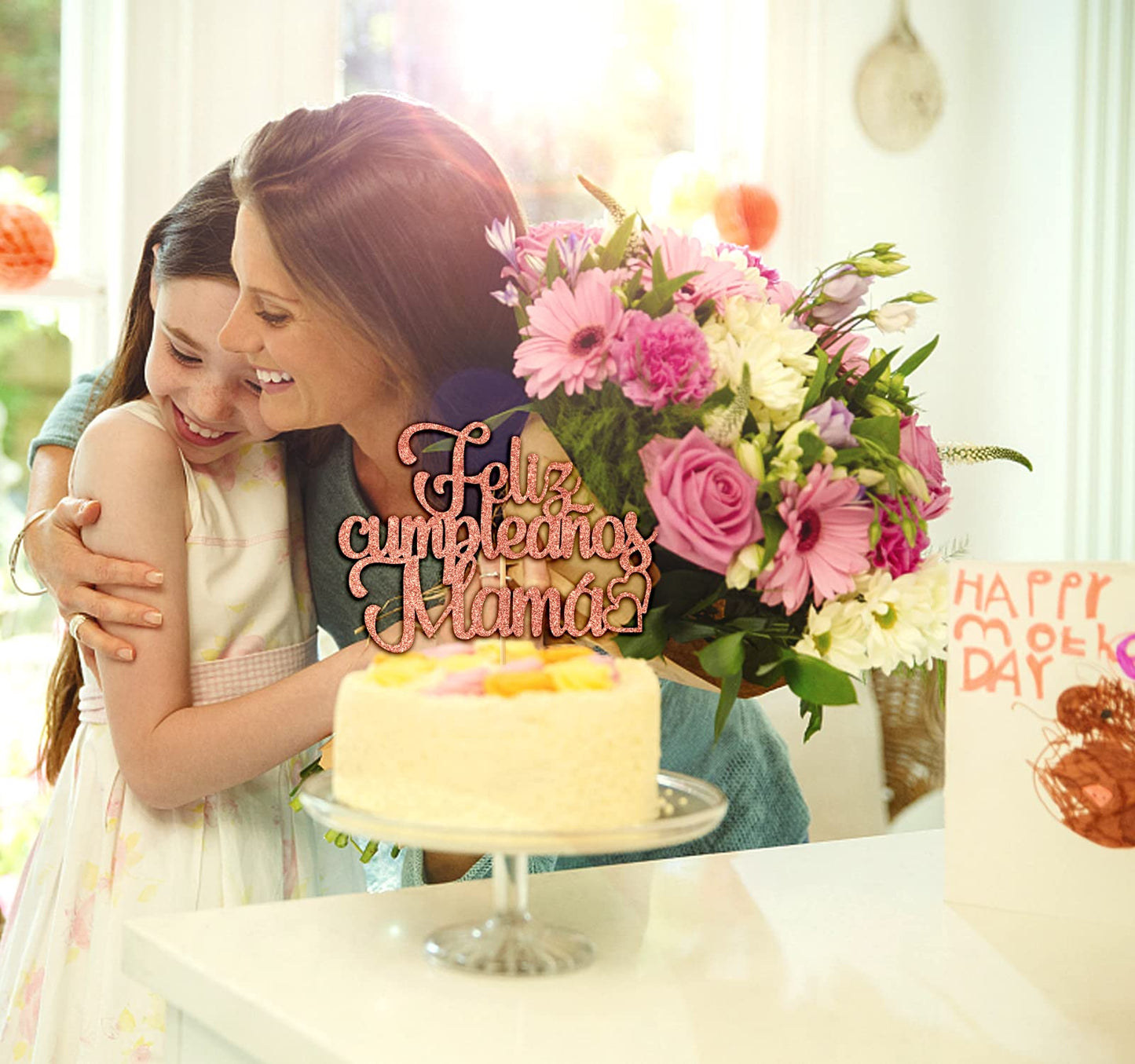 Ferastar Feliz Cumpleaos Mama Cake Topper, Best Mom Ever, Happy Mothers Day, Mom Birthday Party Decorations Rose Gold Glitter.