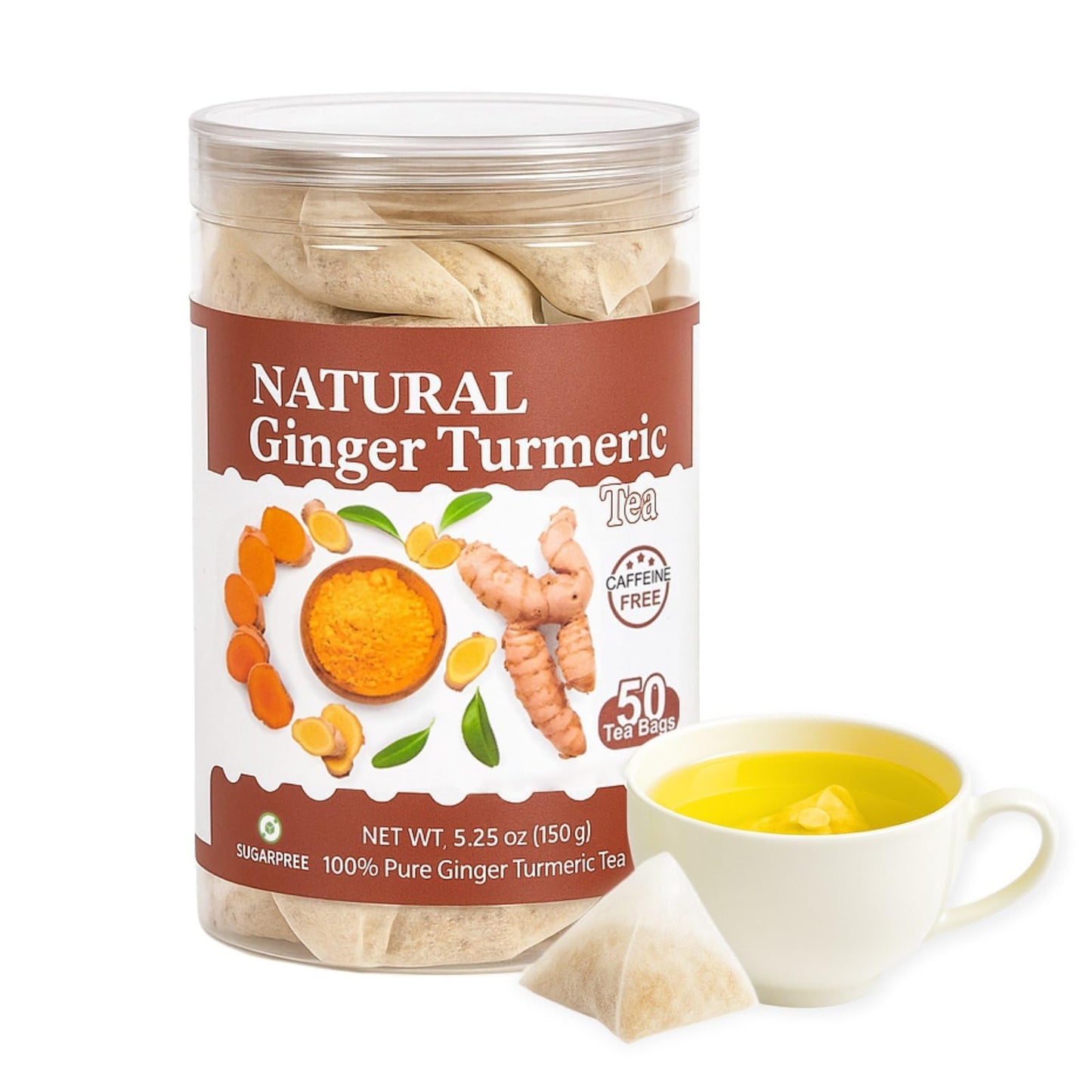 YUNHAHA Ginger Turmeric Tea Bags - Premium Herbal Blend for Digestion & Immune Support, Caffeine-Free, 50 Count