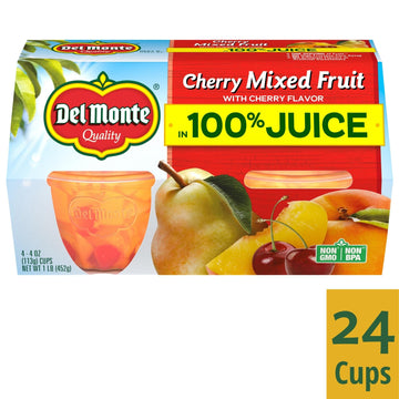 Del Monte Cherry Flavored Mixed Fruit Cup Snacks in 100% Juice, 4 Oz, Pack of 24