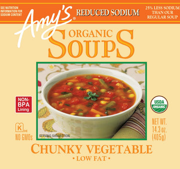Amys Soup, Vegan Reduced Sodium Chunky Vegetable Soup, Gluten Free, Made With Organic Vegetables, Canned Soup, 14.3 Oz (12 Pack)