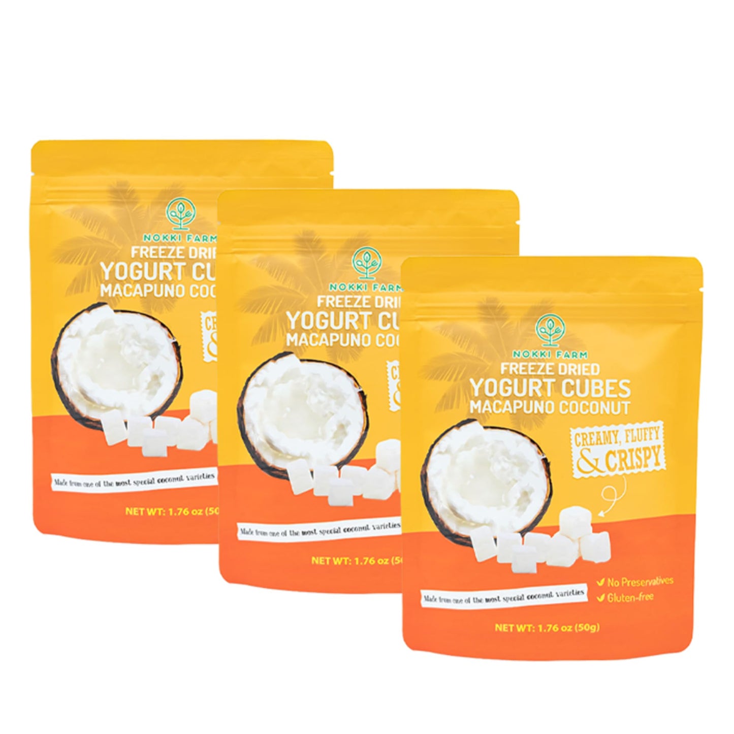 NOKKI FARM Freeze-dried Macapuno Coconut Yogurt Melts, Pack of 3, 50g, No Artificial Colors, Non-GMO