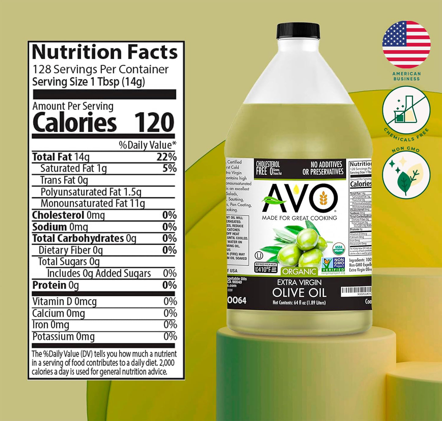 AVO ORGANIC 100% EXTRA VIRGIN OLIVE Oil, 64 Fl-oz (Half Gallon) NO preservatives added