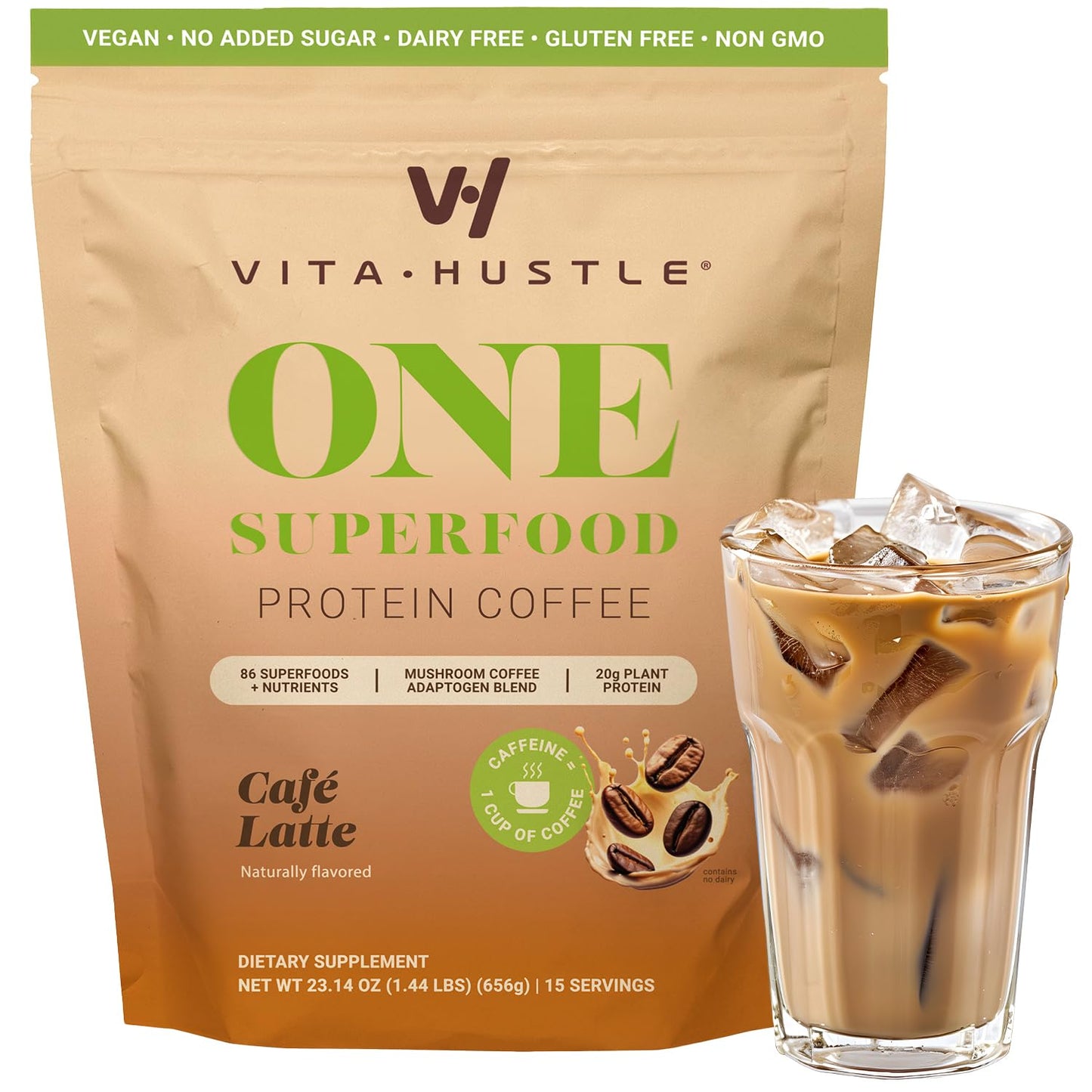 VitaHustle ONE Protein Coffee - Superfood Meal Replacement Powder  Plant Based Protein Shake Powder  Vegan. Superfoods  Vitamins  Ashwagandha  Functional Mushroom Blend (Cafe Latte) 15 Servings