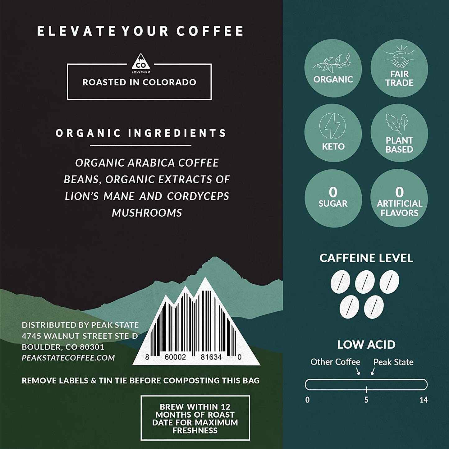 Peak State Coffee With Functional Mushrooms, Low Acid, Whole Bean (Focus, Boost Immunity, & Destress) (Brain Sustain)