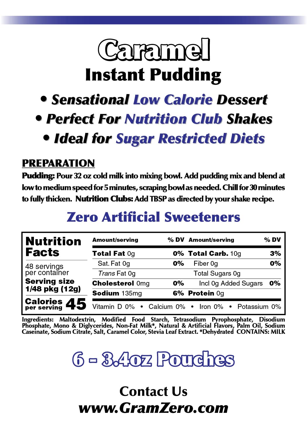 Gramzero Caramel Sugar Free Pudding Mix 6-Pack, Great For Nutrition Club Meal Replacement Shakes, Low Calorie Dessert, Stevia Sw