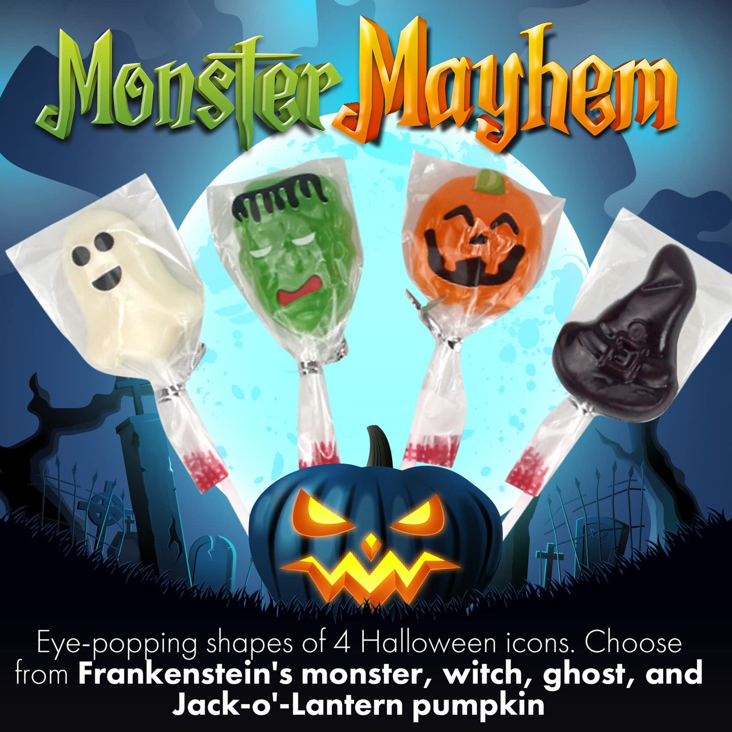 Fusion Select Candy Lollipops - Halloween Suckers - Trick Or Treat Candies For Kids - Frankenstein'S Monster, Jack O Lantern, Gh