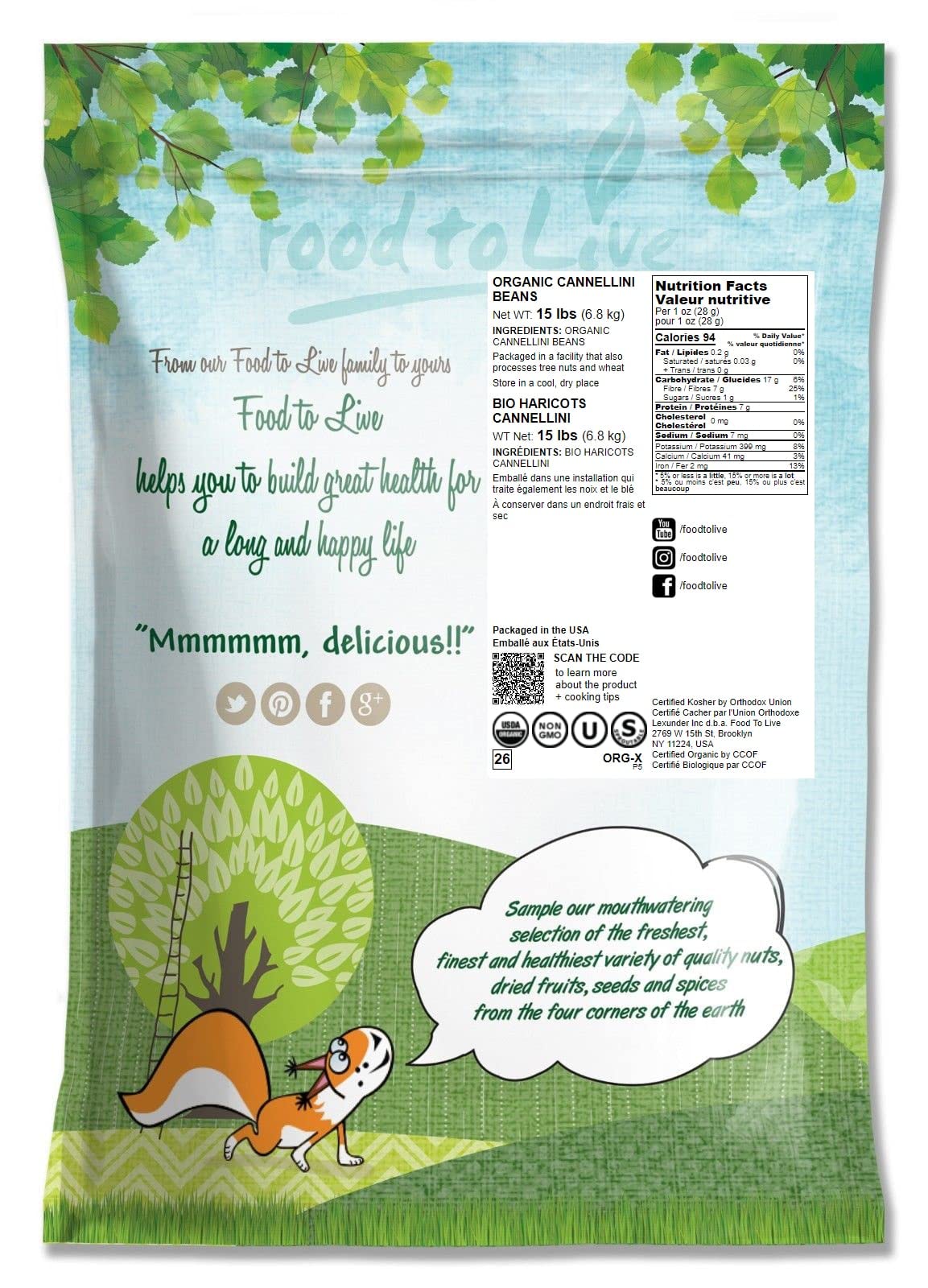 Food To Live Organic Cannellini Beans, 15 Pounds - Non-Gmo, Dried White Kidney Beans, Sproutable, Vegan, Kosher, Bulk. Pre-Soak