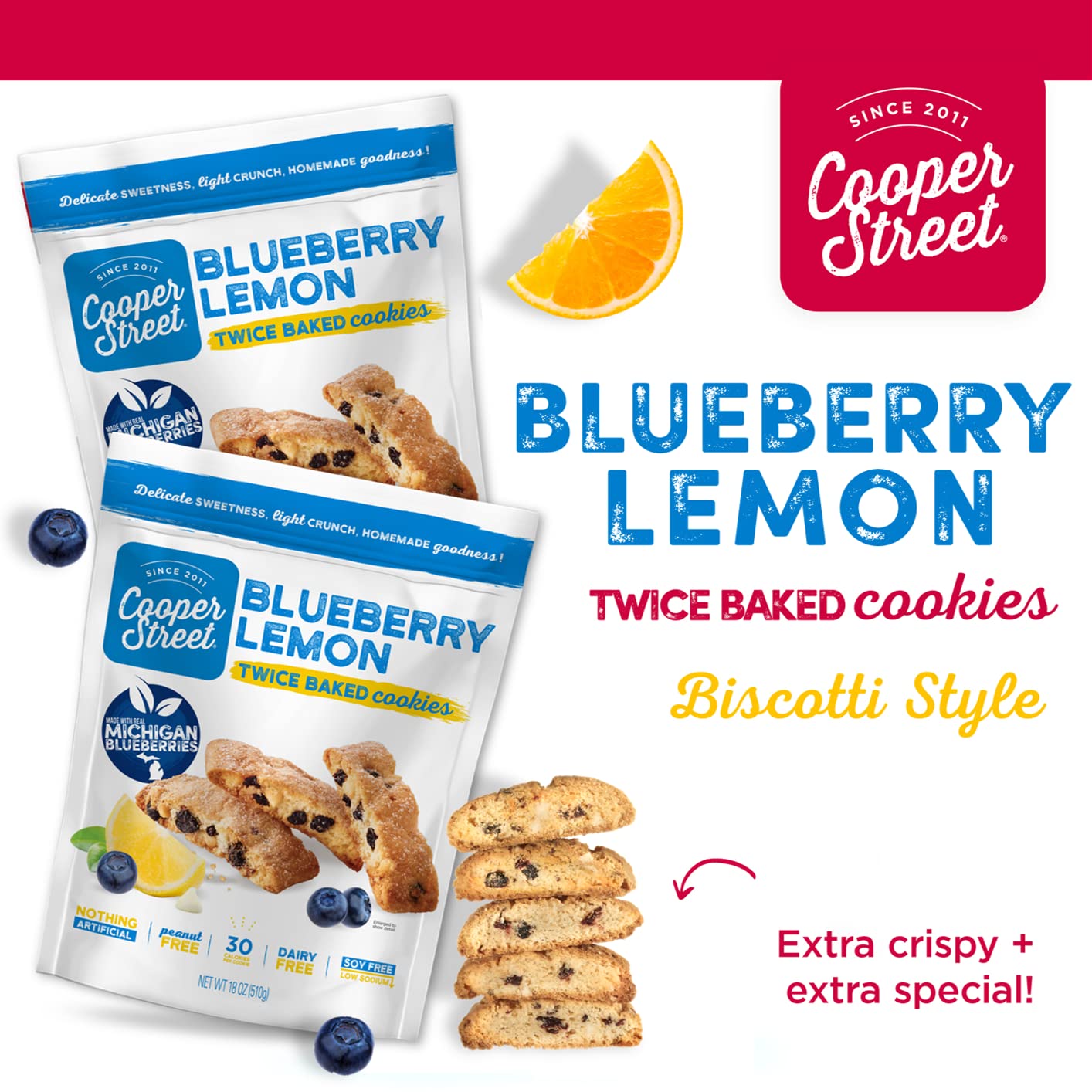 Cooper Street Italian Biscotti Cookies - Lemon Blueberry, 18Oz, Peanut & Dairy Free, Satisfies Sweet Tooth, Made With 100 Year O